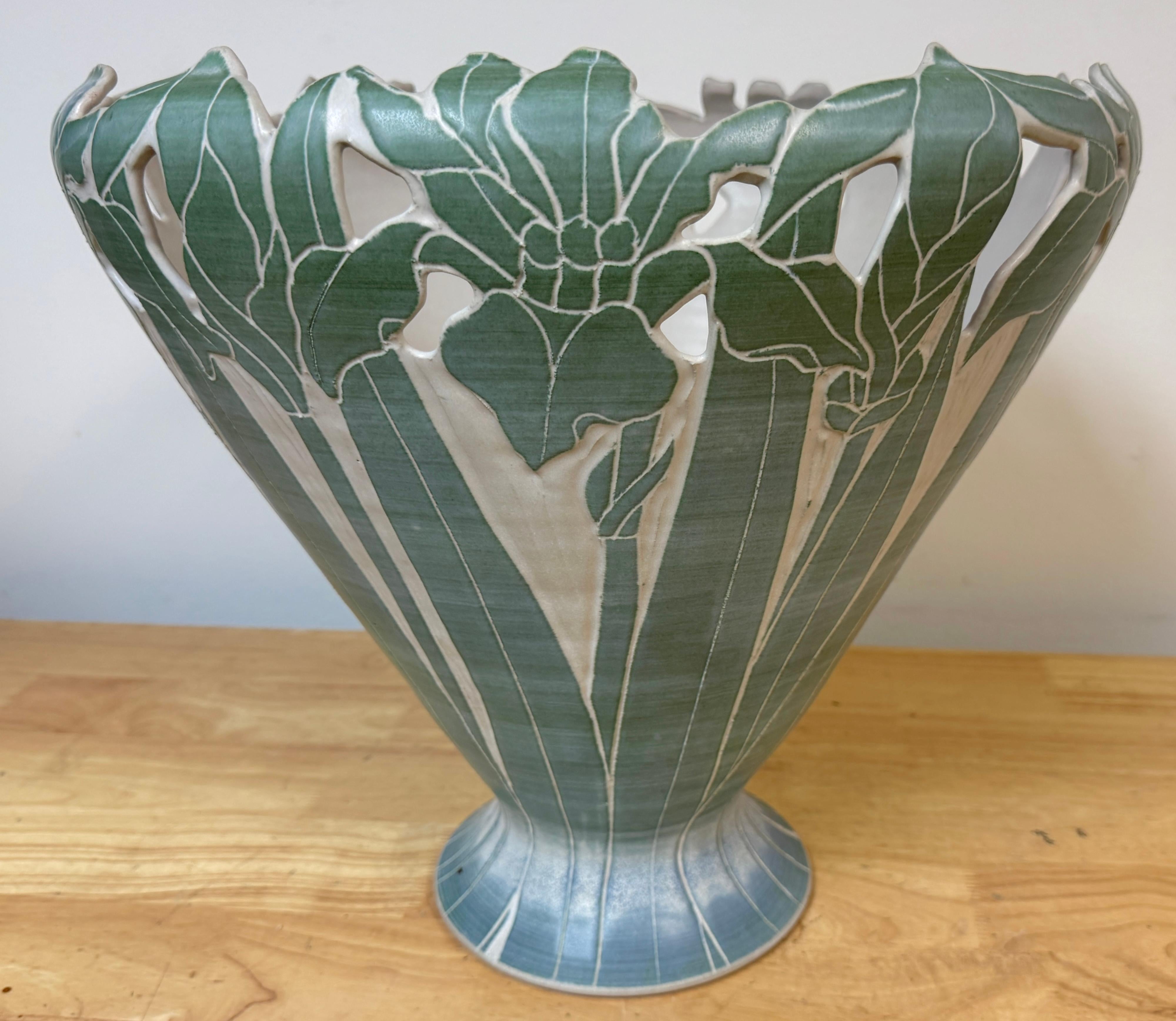 Modern Large American Studio Pottery Iris Motif Vase, Style of Newcomb College, Signed For Sale
