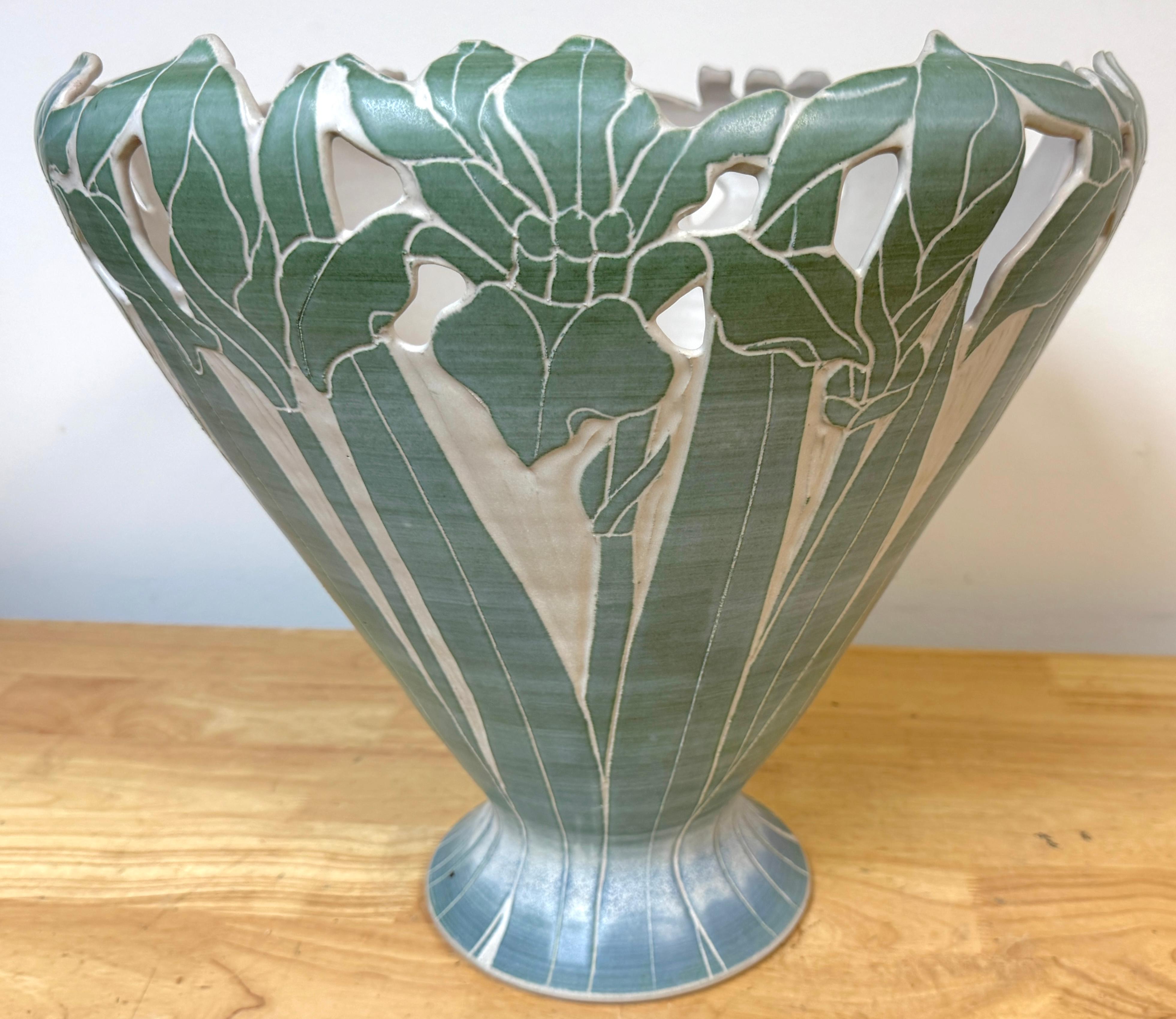 Glazed Large American Studio Pottery Iris Motif Vase, Style of Newcomb College, Signed For Sale