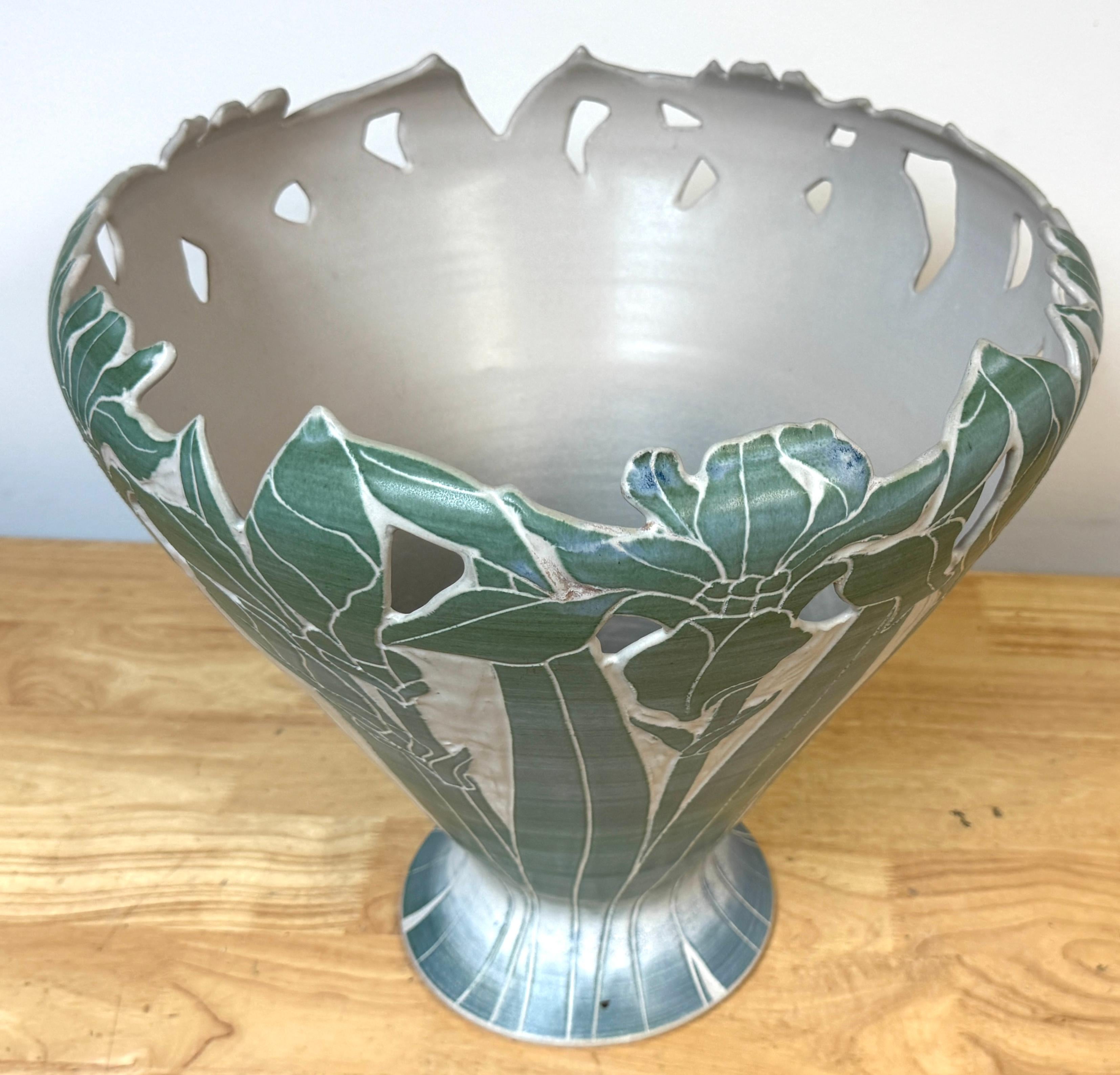 20th Century Large American Studio Pottery Iris Motif Vase, Style of Newcomb College, Signed For Sale