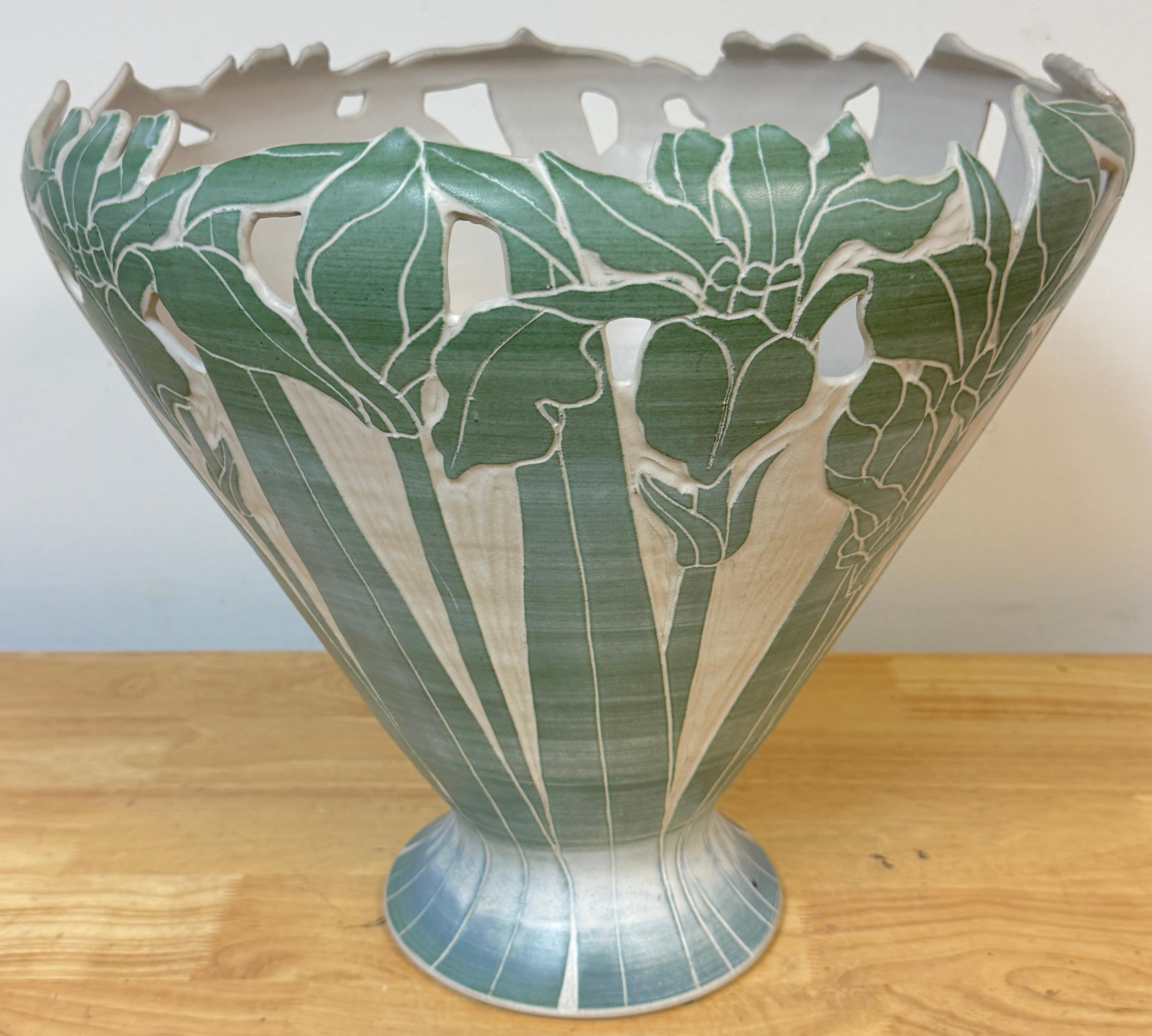 Large American Studio Pottery Iris Motif Vase, Style of Newcomb College, Signed For Sale 2