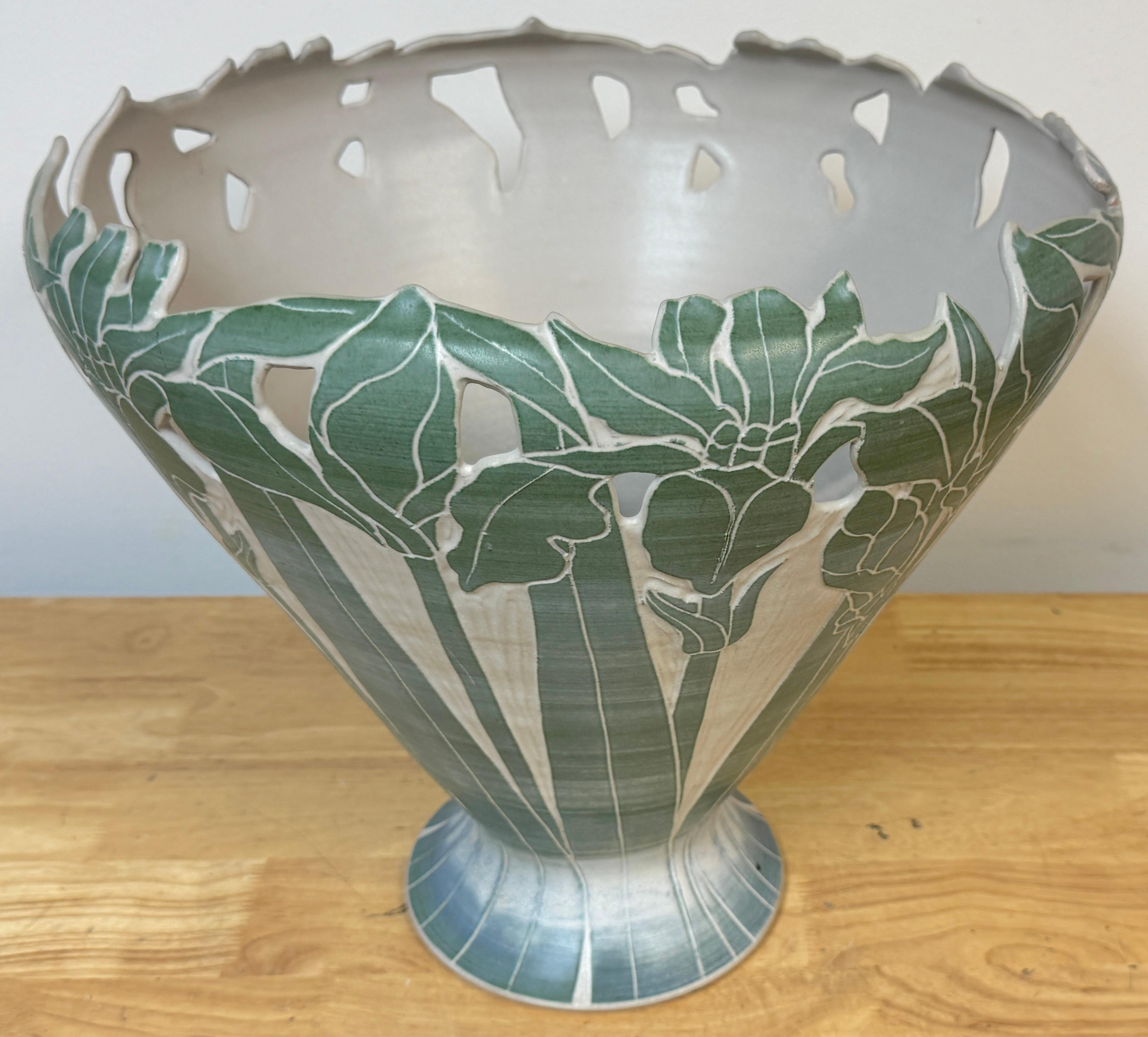 Large American Studio Pottery Iris Motif Vase, Style of Newcomb College, Signed For Sale 3