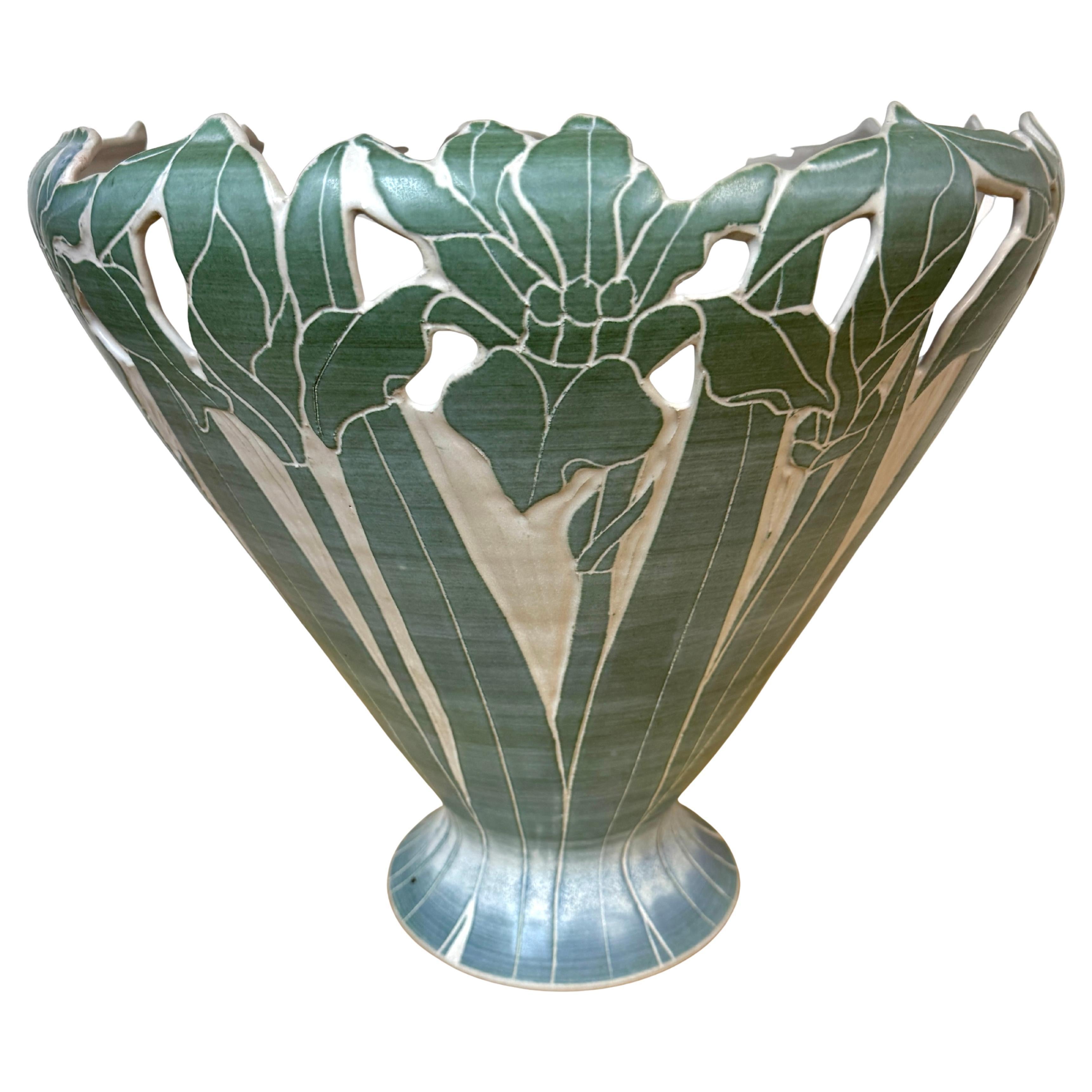 Large American Studio Pottery Iris Motif Vase, Style of Newcomb College, Signed For Sale