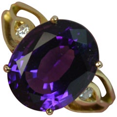 Large Amethyst and Diamond 14 Carat Gold Solitaire Cocktail Ring
