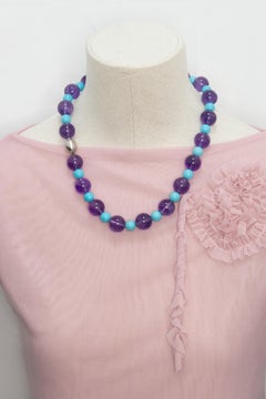 Large Amethyst and Turquoise Bead Necklace with 18K White Gold Clasp