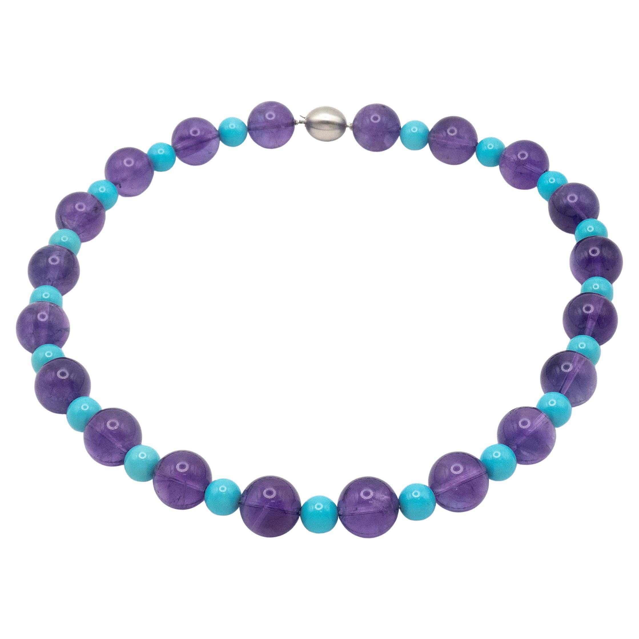 Grande collana di perle di ametista e turchese con chiusura in oro bianco 18 carati