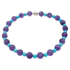 Large Amethyst and Turquoise Bead Necklace with 18K White Gold Clasp