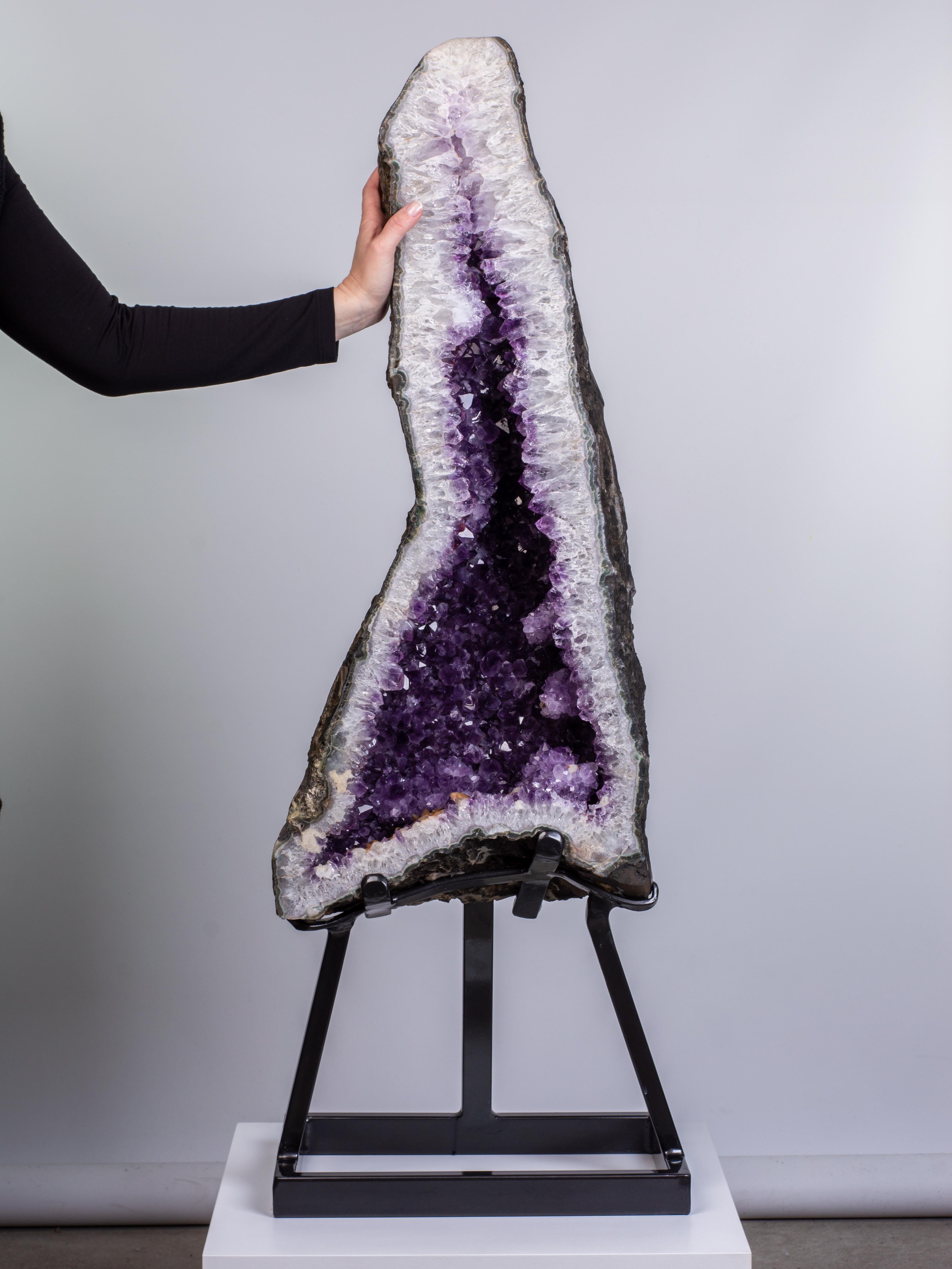 This large amethyst chapel, a complete half of the original geode, shows
deep purple amethyst crystals punctuated with small stalactites and overlaid
in places with tan coloured druzy quartz. The thick white quartz borders
lie inside a thin