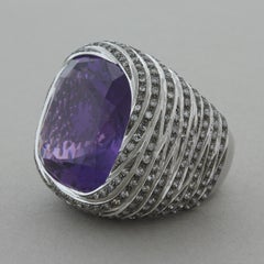 Large Amethyst Diamond Gold Cocktail Ring