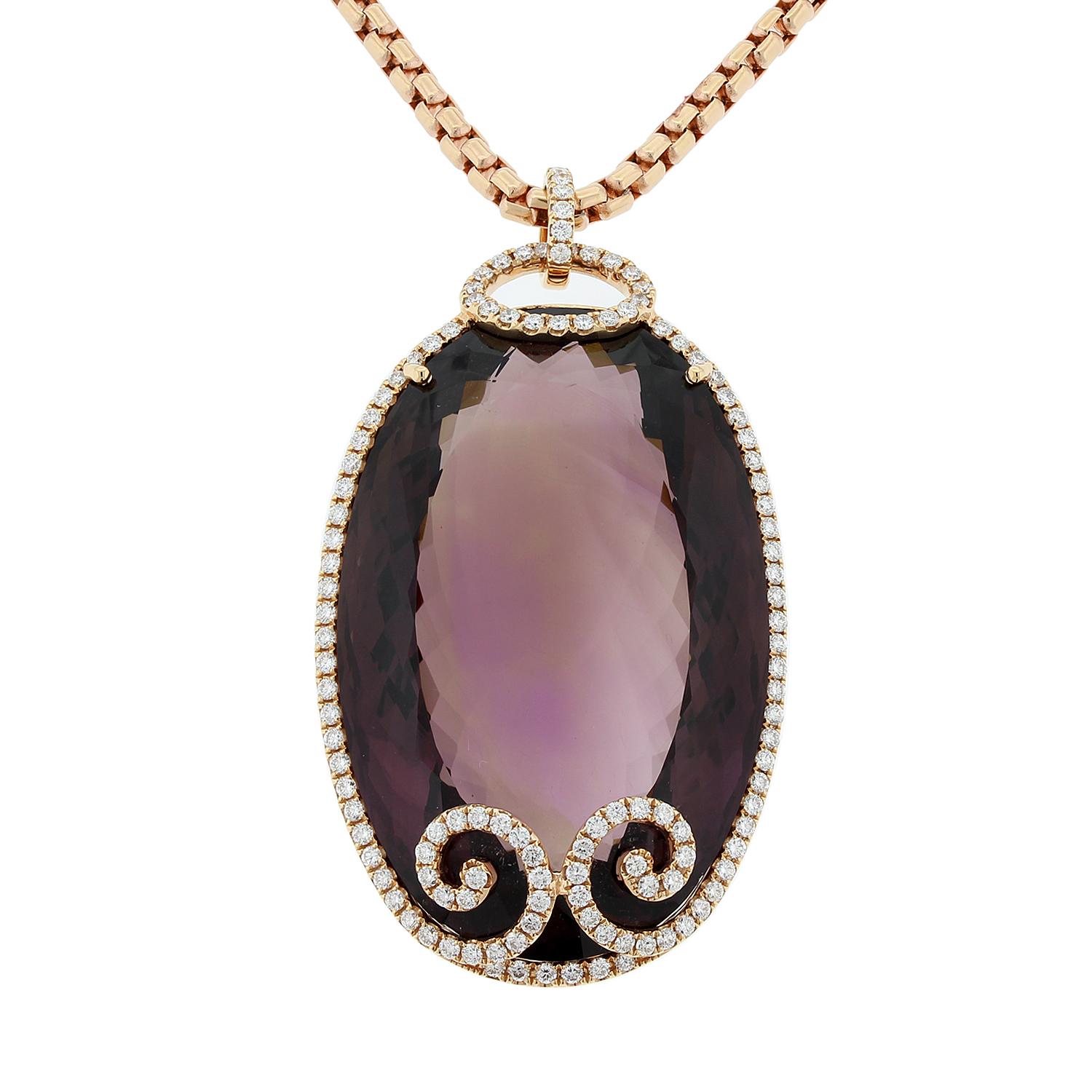 Large Amethyst Diamond Gold Pendant Necklace For Sale