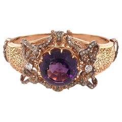 Large Amethyst Diamond Gold Victorian Cuff Bangle Bracelet Estate Fine Jewelry