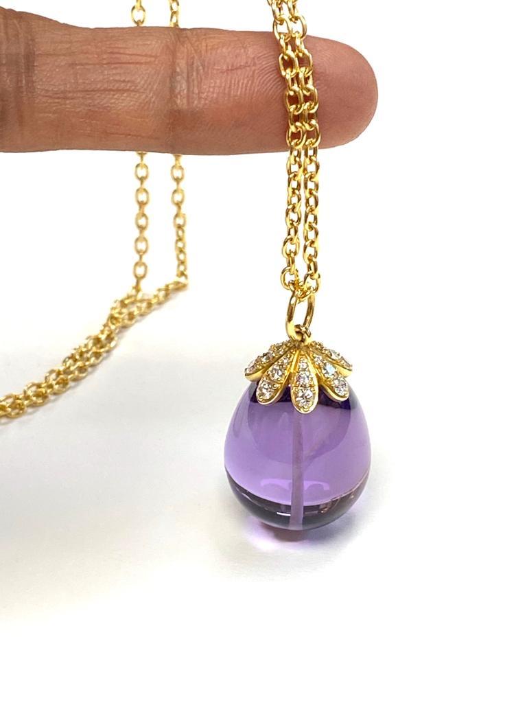 Large Amethyst Drop Pendant With Diamonds in 18K Yellow Gold, from ' Naughty' Collection
Please allow 5-6 weeks for this item to be delivered.

Stone Size: 22.75 x 18 mm

Gemstone Weight: 51.35 Carats

Diamond: G-H / VS, Approx Wt: 0.56 Carats
