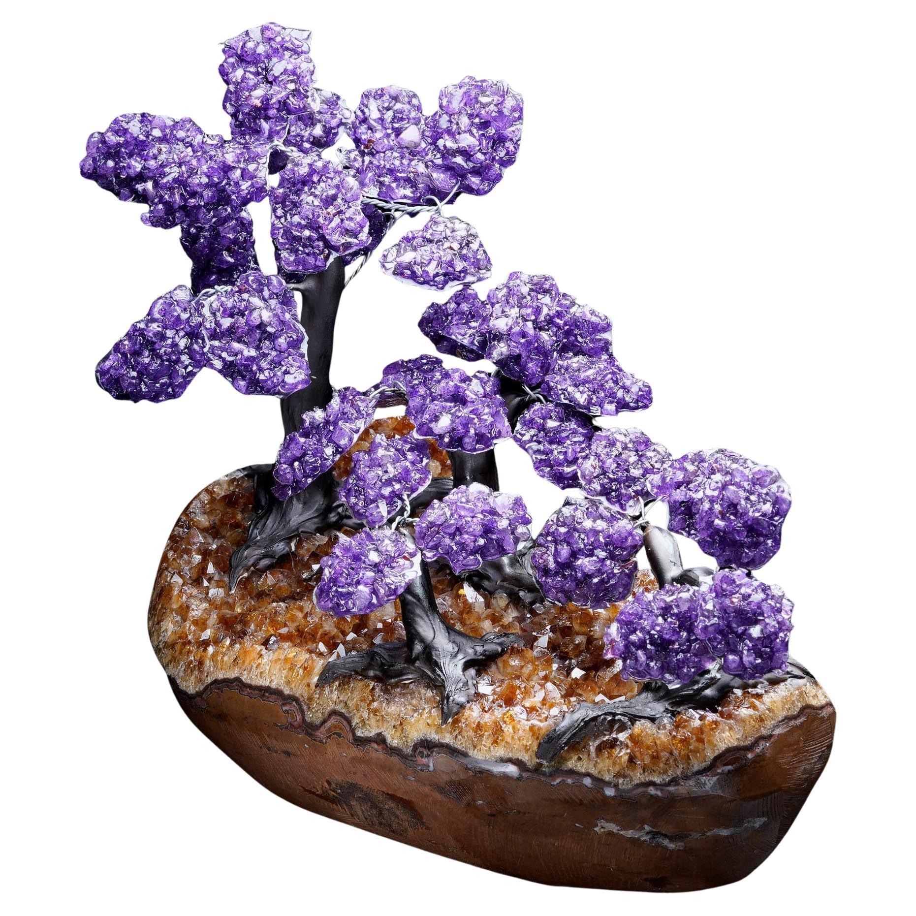 Árbol grande de piedras preciosas amatista sobre base de racimo de citrino