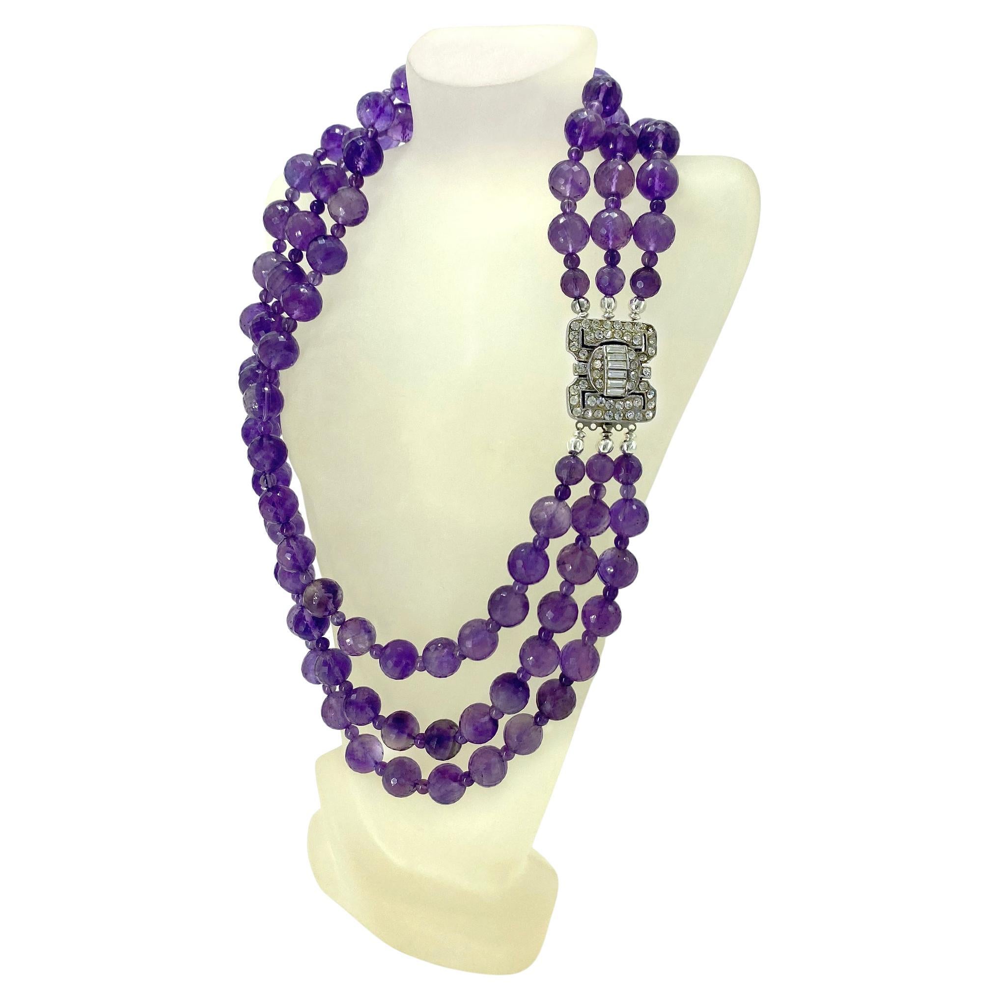 Bead Large Amethyst Gemstone Triple Strand Necklace with Art Deco Style Clasp For Sale