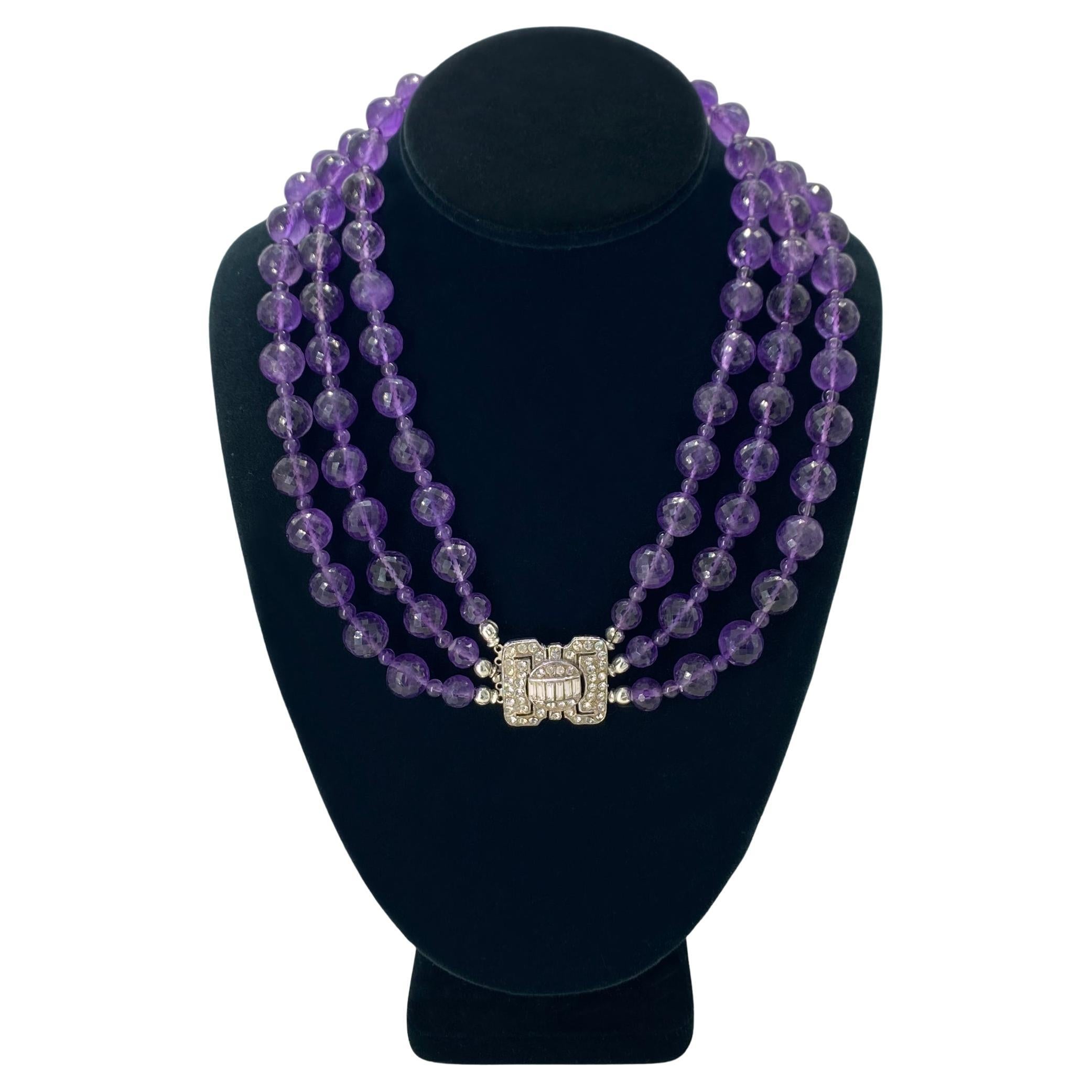 Large Amethyst Gemstone Triple Strand Necklace with Art Deco Style Clasp In New Condition For Sale In Atlanta, GA