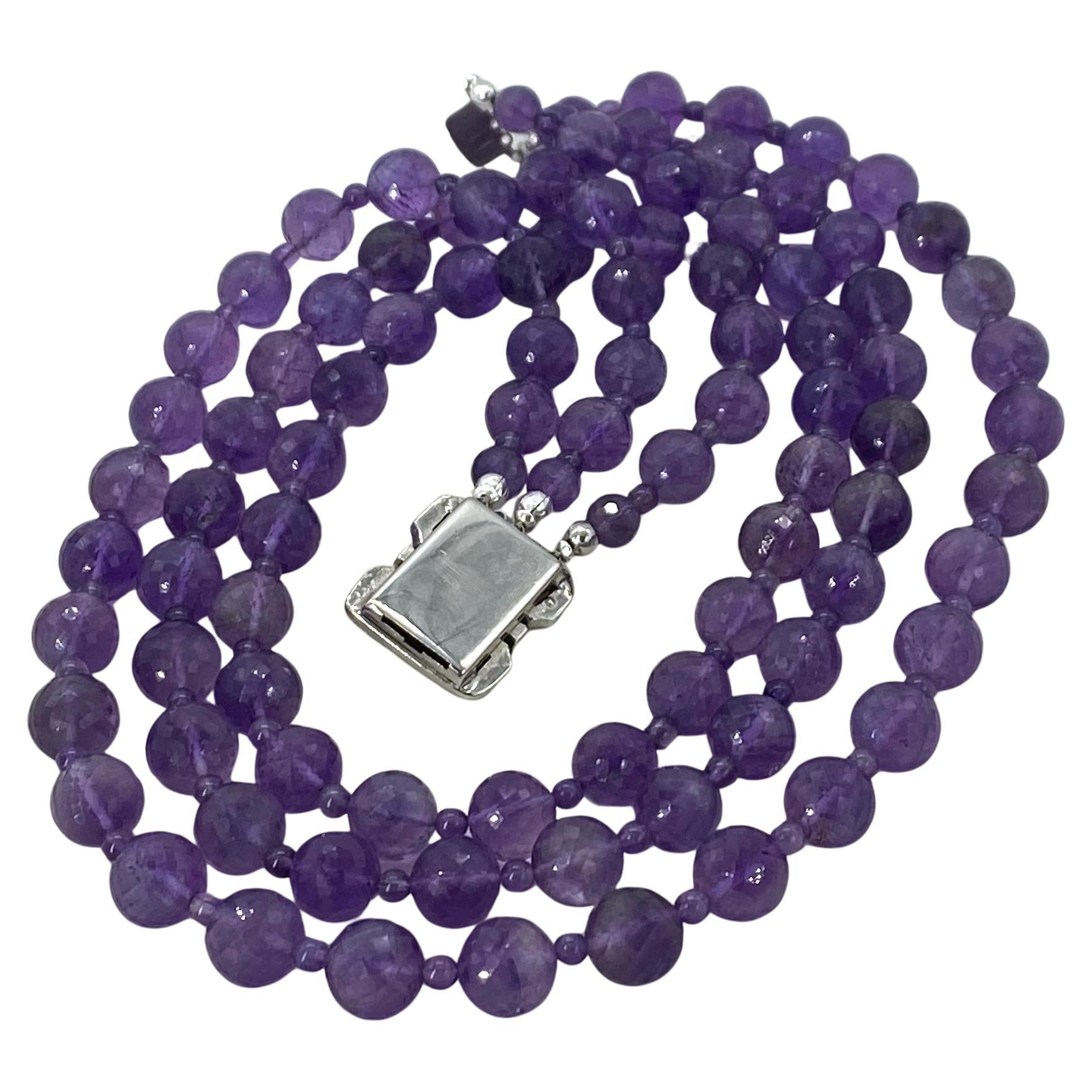Large Amethyst Gemstone Triple Strand Necklace with Art Deco Style Clasp For Sale 3