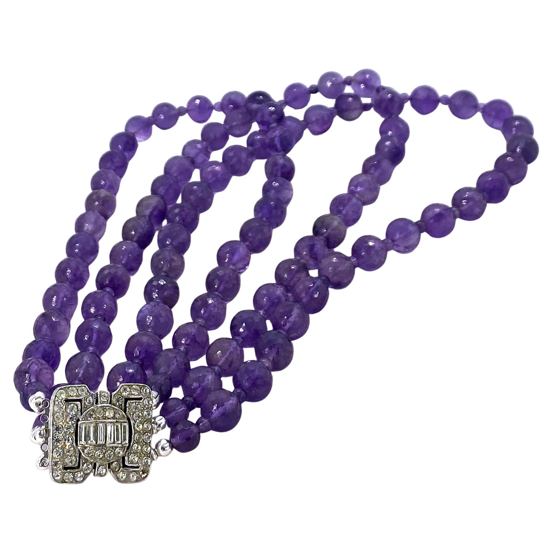Women's Large Amethyst Gemstone Triple Strand Necklace with Art Deco Style Clasp For Sale