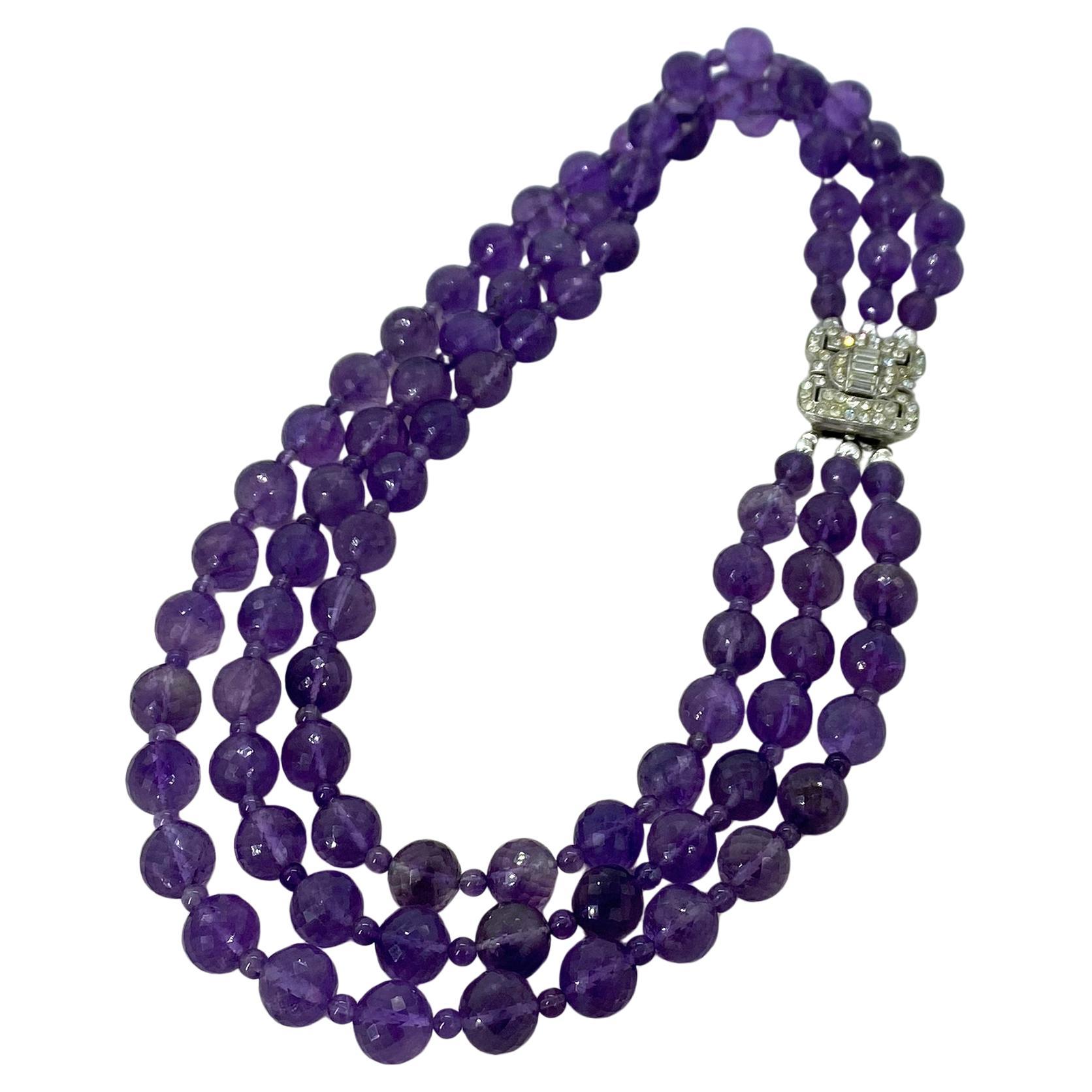 Large Amethyst Gemstone Triple Strand Necklace with Art Deco Style Clasp For Sale 1