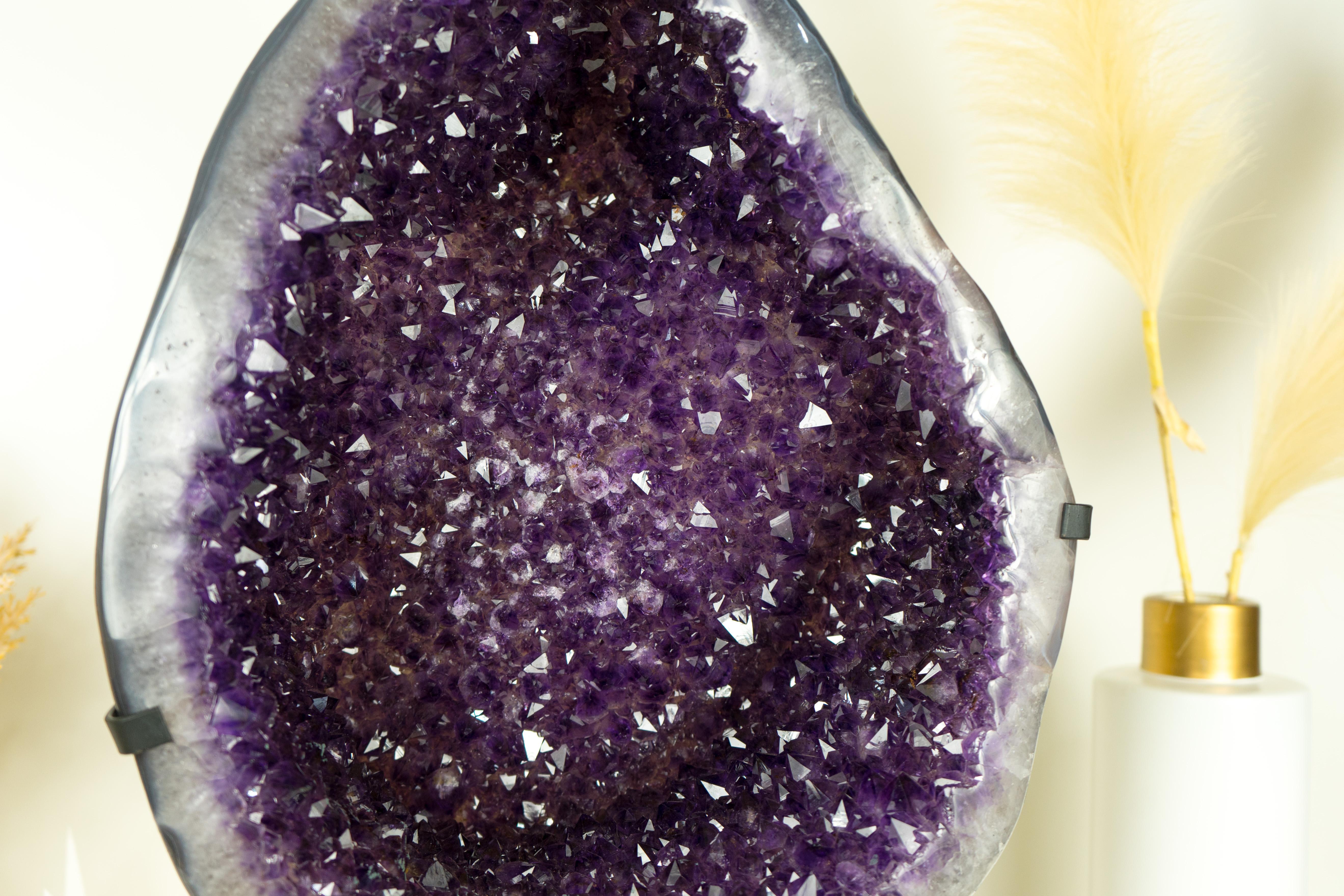 Large Amethyst Geode Cluster with Purple Galaxy Druzy and Polished Agate Border 4