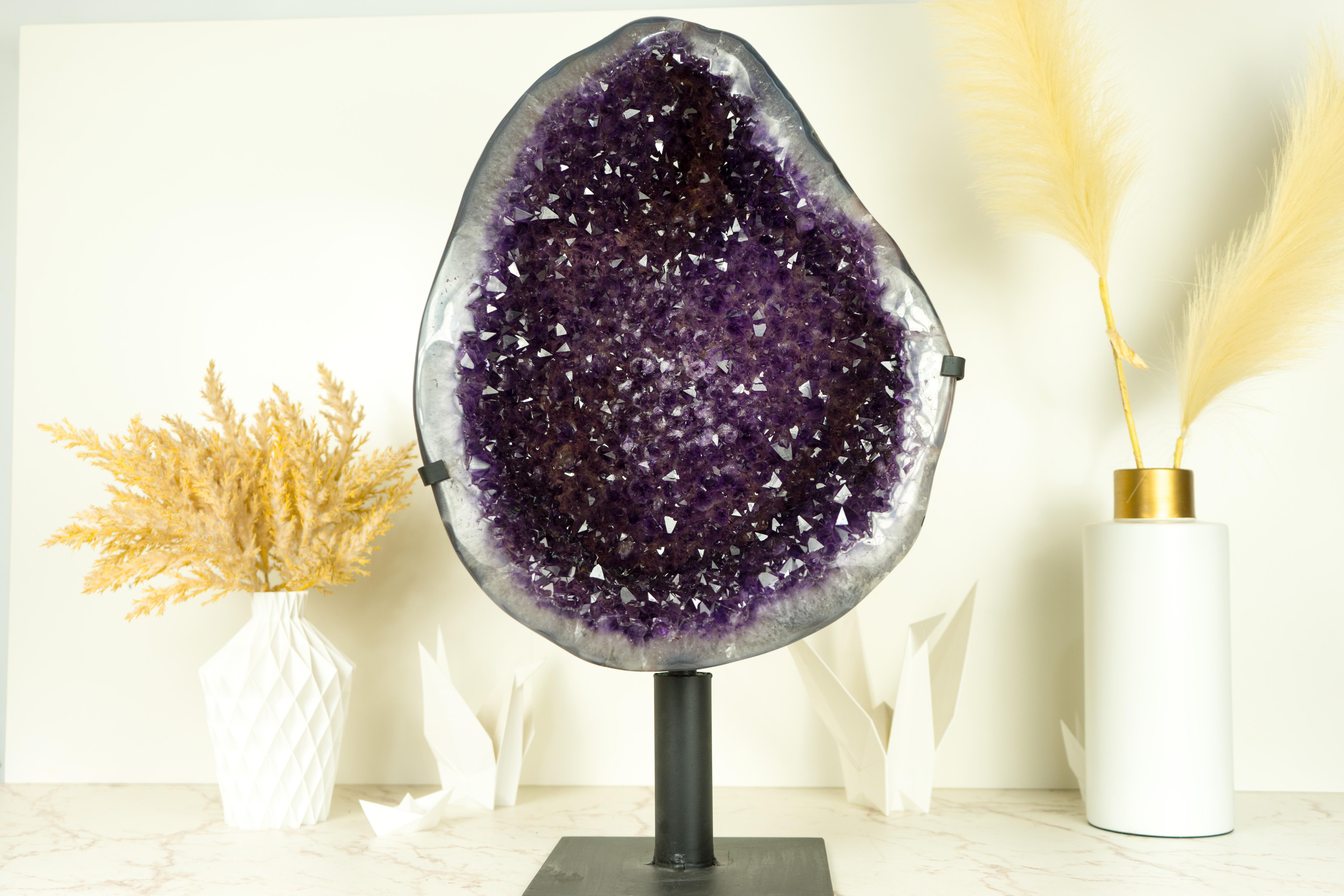 Large Amethyst Geode Cluster with Purple Galaxy Druzy and Polished Agate Border 5