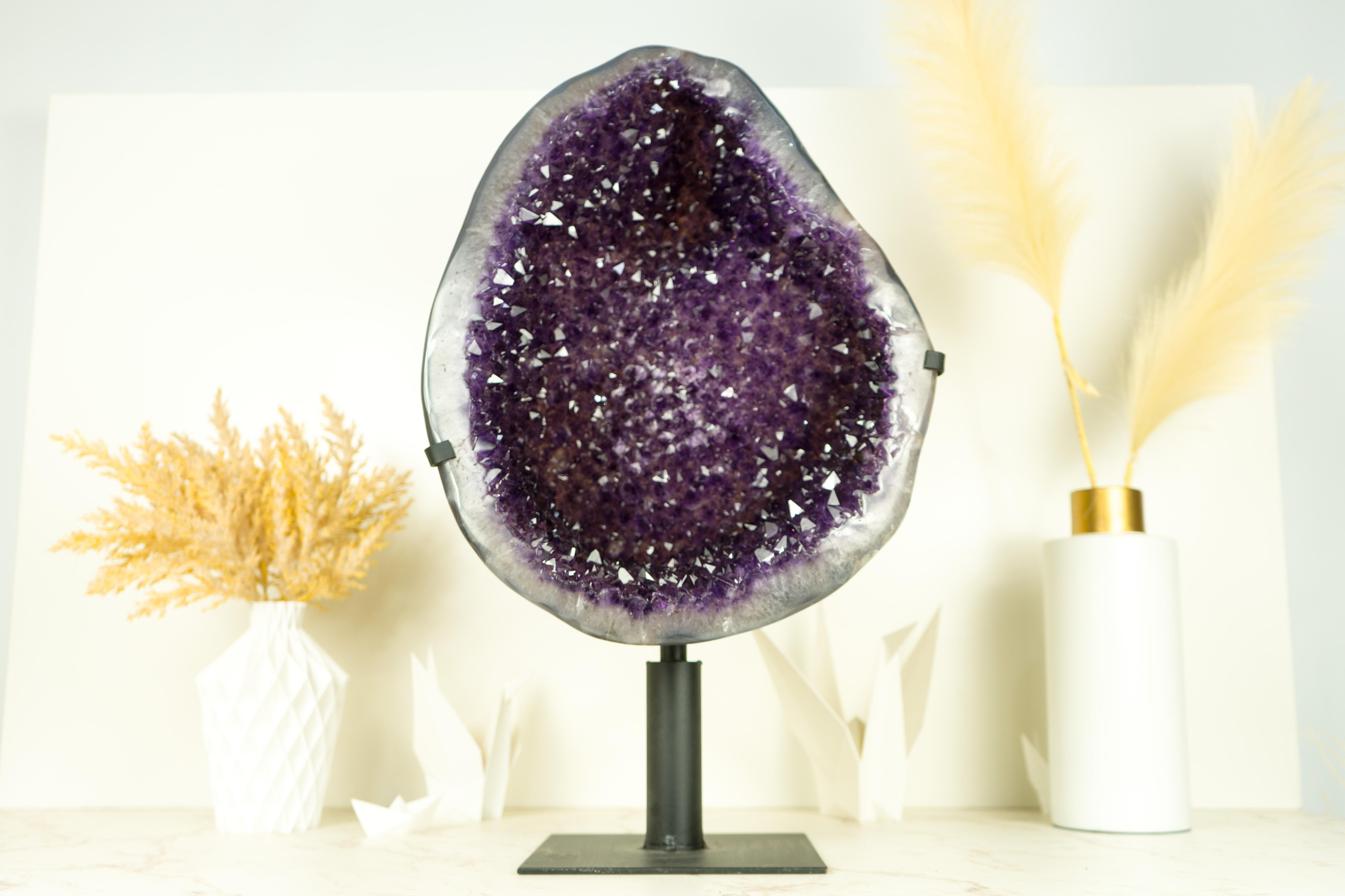 Large Amethyst Geode Cluster with Purple Galaxy Druzy and Polished Agate Border 6