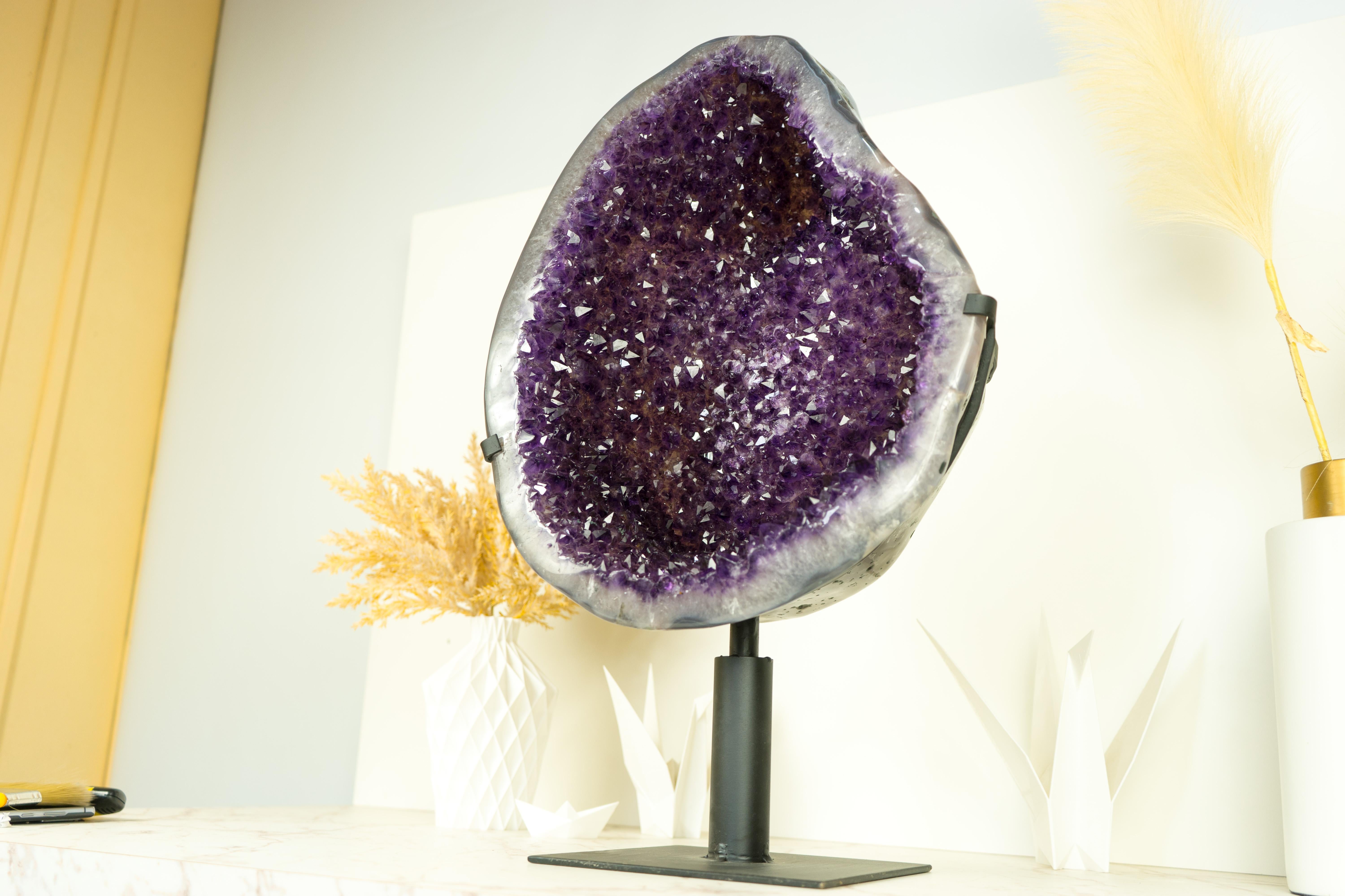 Large Amethyst Geode Cluster with Purple Galaxy Druzy and Polished Agate Border 7