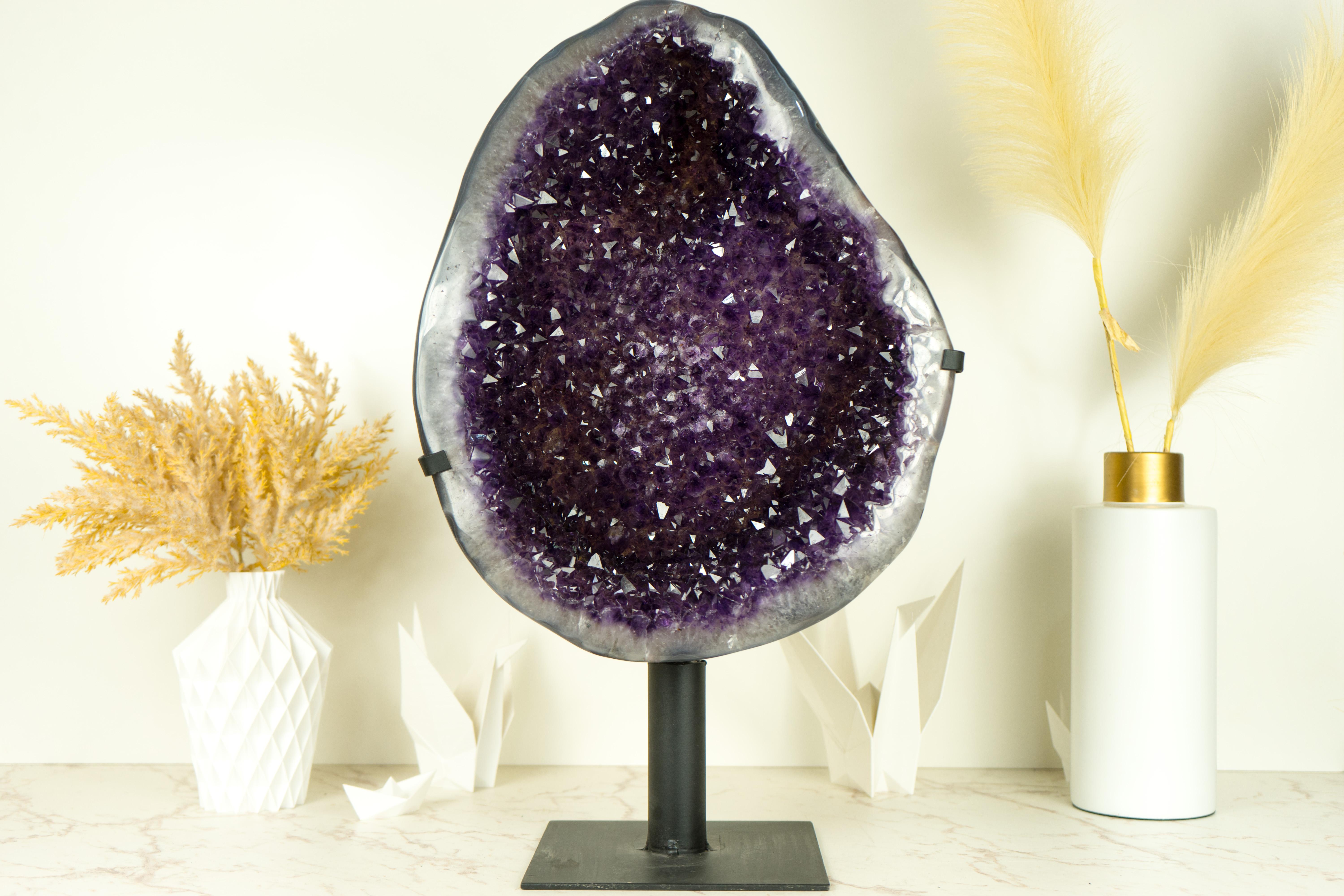 Large Amethyst Geode Cluster with Purple Galaxy Druzy and Polished Agate Border 8
