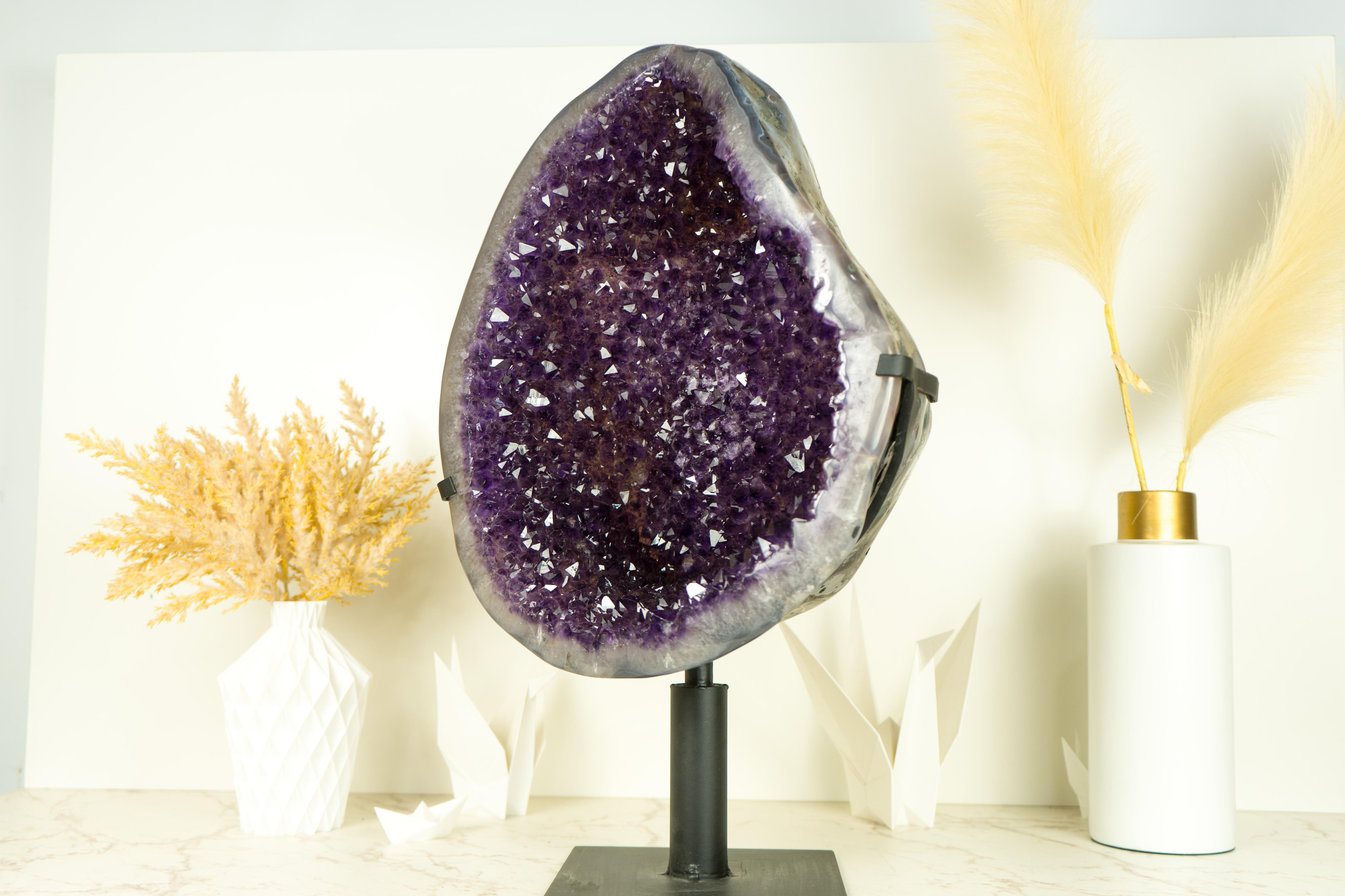 Brazilian Large Amethyst Geode Cluster with Purple Galaxy Druzy and Polished Agate Border