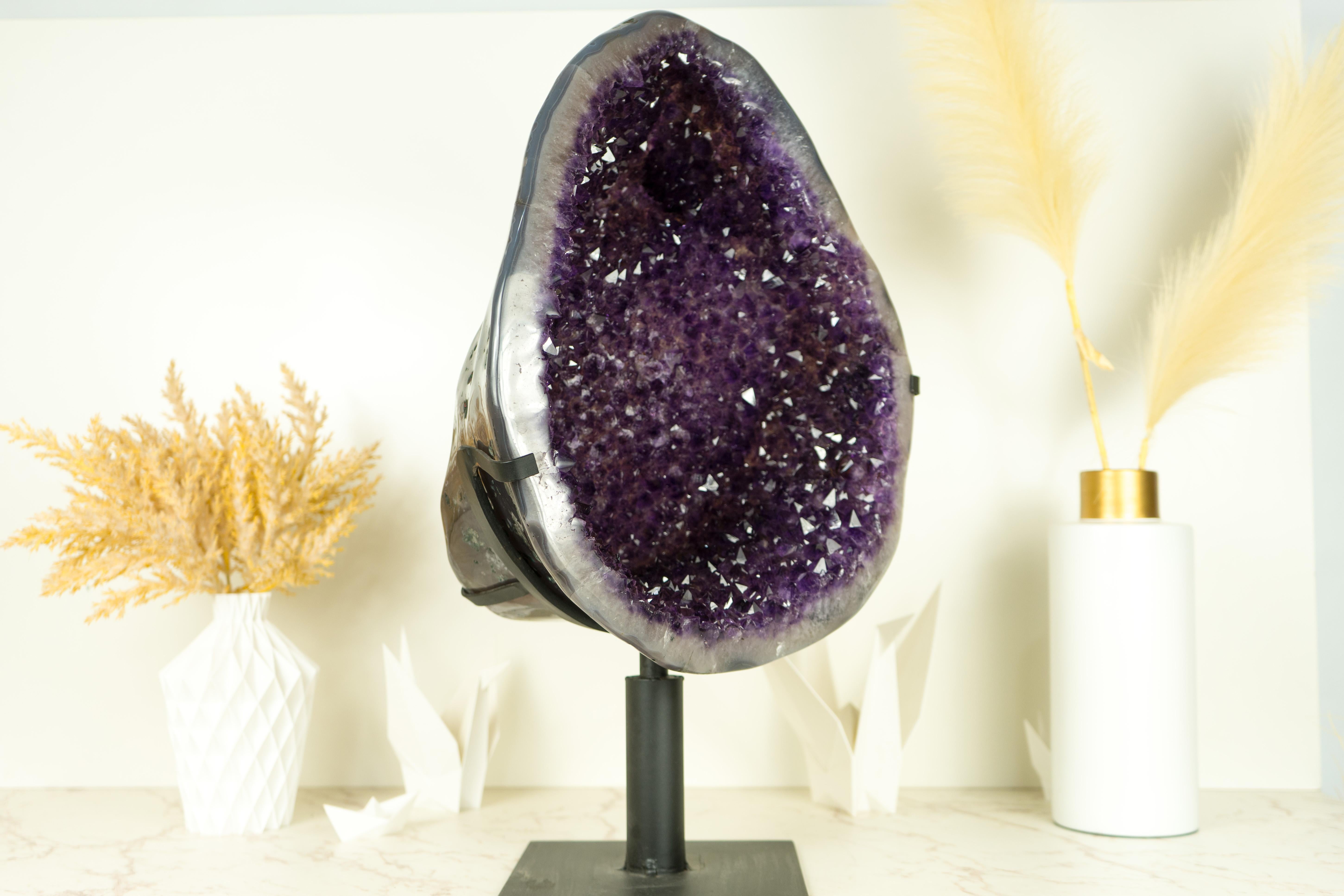 Contemporary Large Amethyst Geode Cluster with Purple Galaxy Druzy and Polished Agate Border