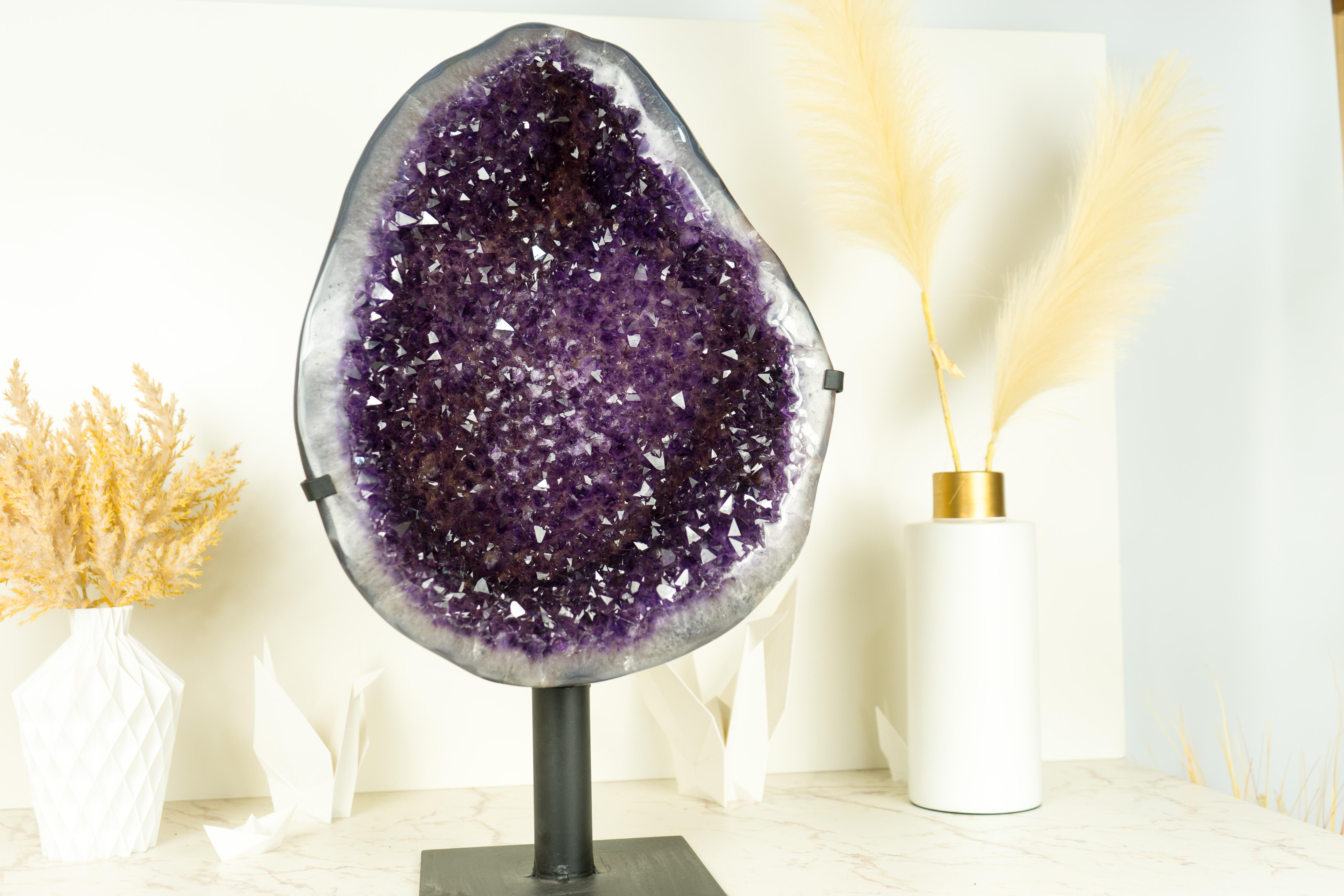 Large Amethyst Geode Cluster with Purple Galaxy Druzy and Polished Agate Border 2