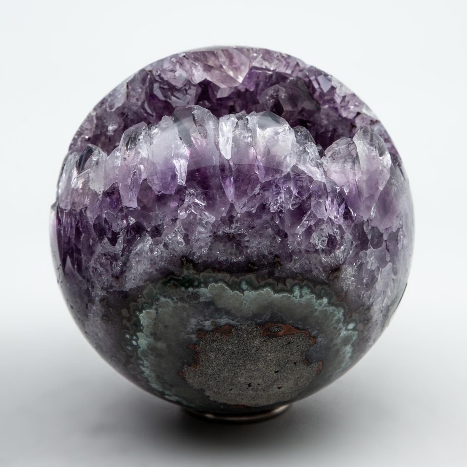 Large amethyst crystal Druzy sphere. Gorgeous purple crystals. Polished spherical part purple with green and teal.