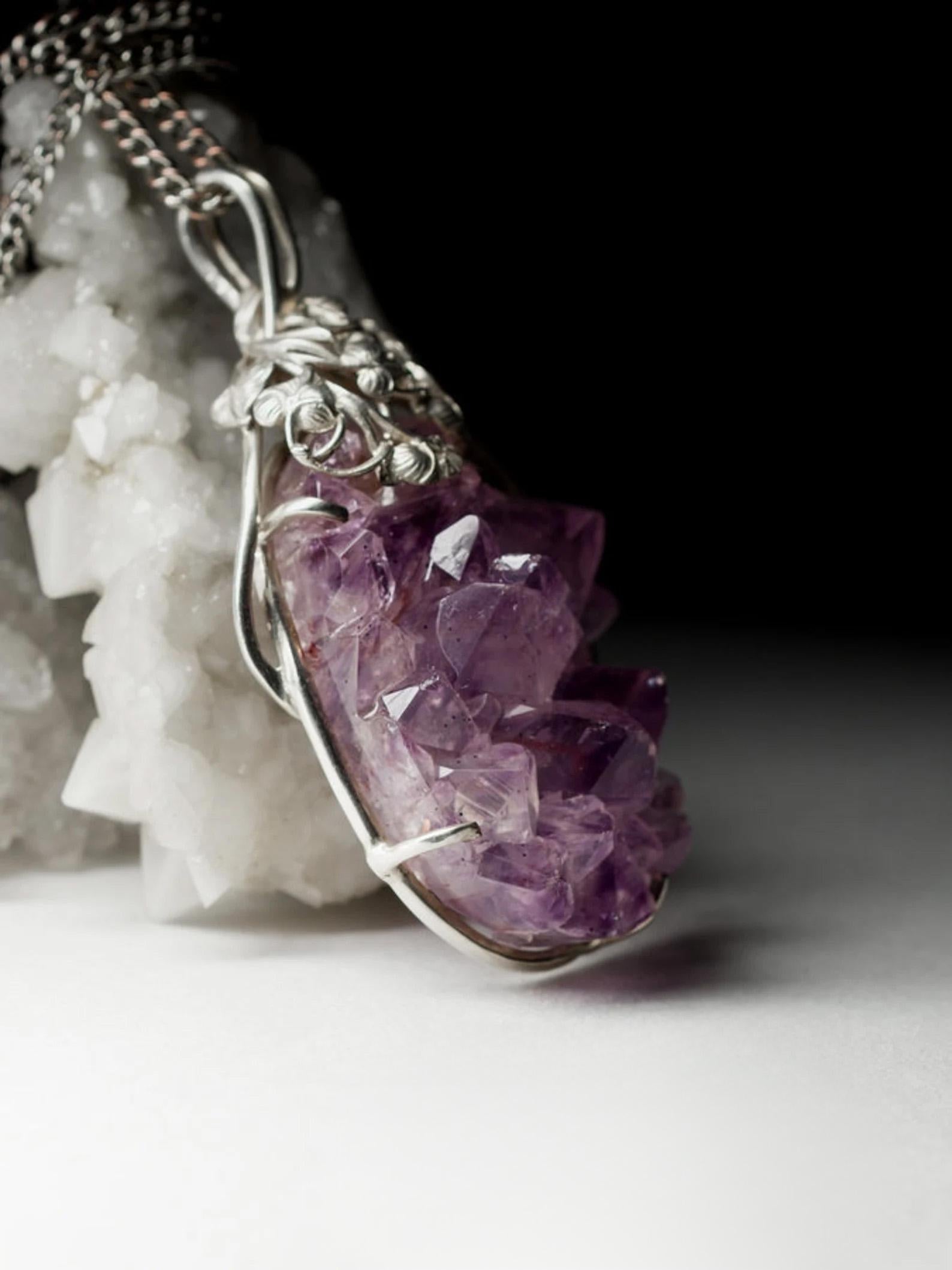 Large Amethyst Silver Pendant Natural Purple Quartz Crystal Flowers Vintage art For Sale 5
