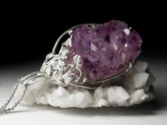 Large Amethyst Silver Pendant Natural Purple Quartz Crystal Flowers Vintage art
