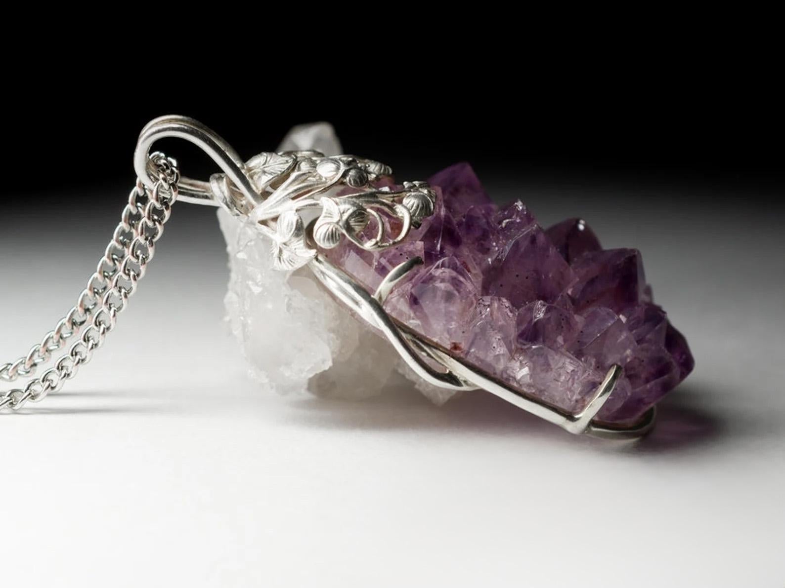 Artisan Large Amethyst Silver Pendant Natural Purple Quartz Crystal Flowers Vintage art For Sale