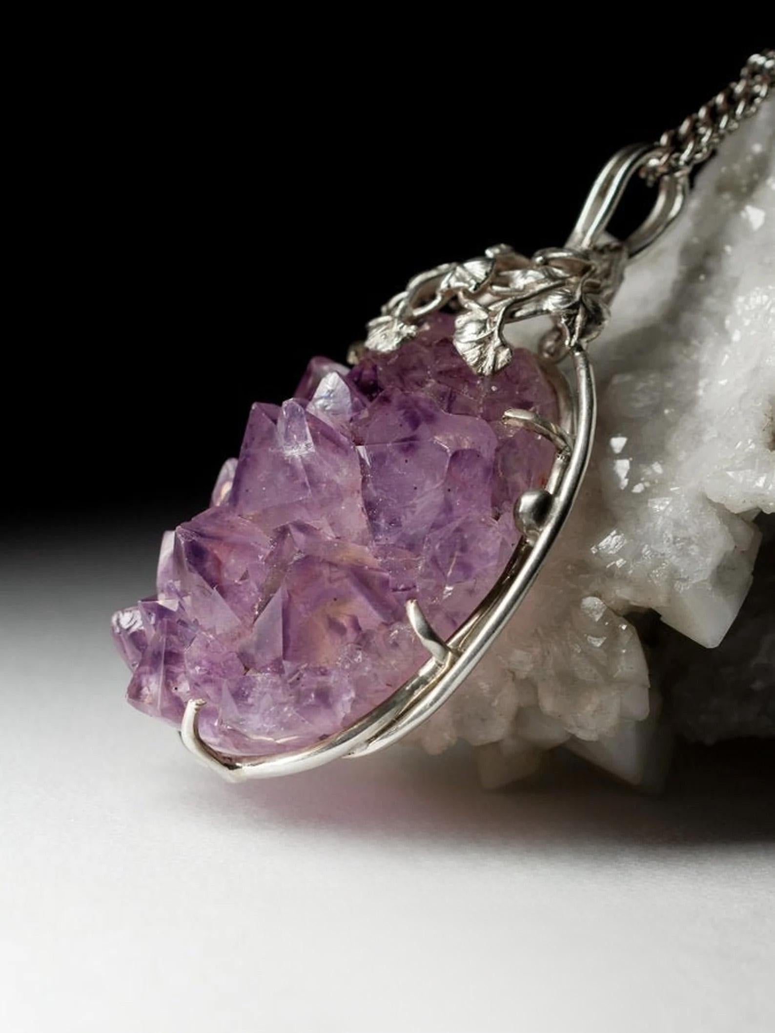 Oval Cut Large Amethyst Silver Pendant Natural Purple Quartz Crystal Flowers Vintage art For Sale