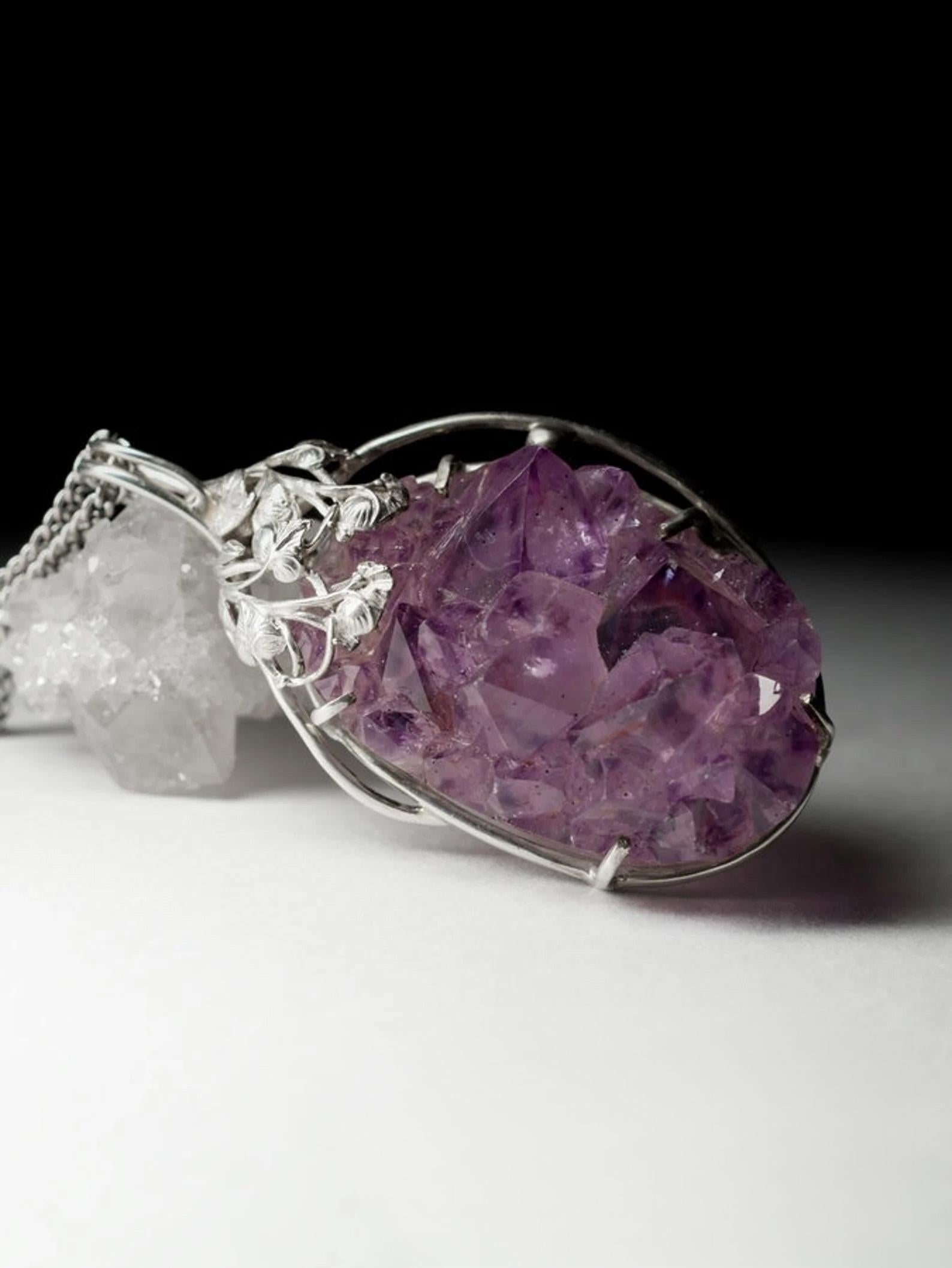 Large Amethyst Silver Pendant Natural Purple Quartz Crystal Flowers Vintage art For Sale 1