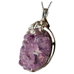 Large Amethyst Silver Pendant Natural Purple Quartz Crystal Flowers Vintage art