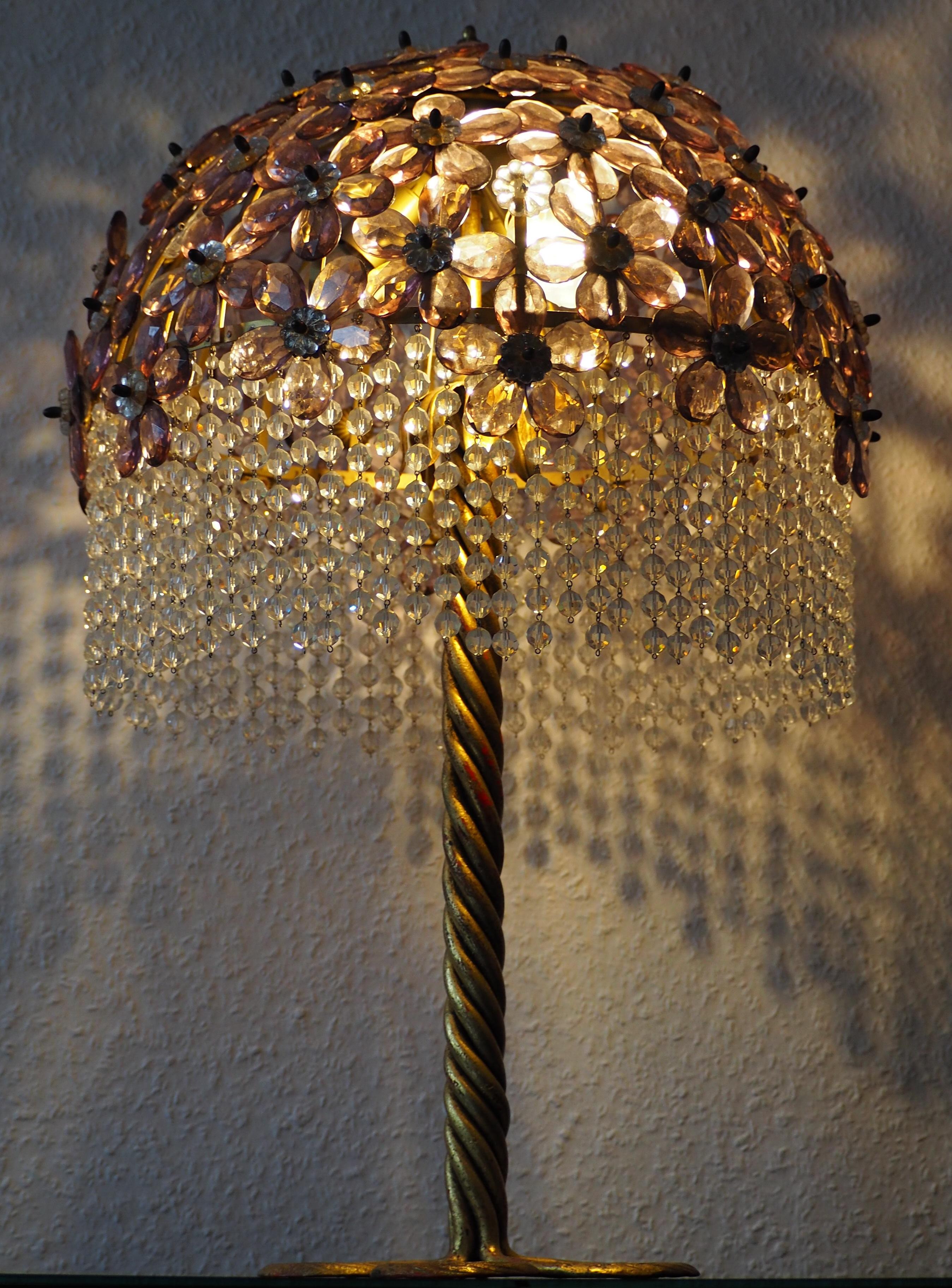 Late 20th Century Large Amethyst Table Lamp, Gilt Iron and Glass, Italy, circa 1970s For Sale