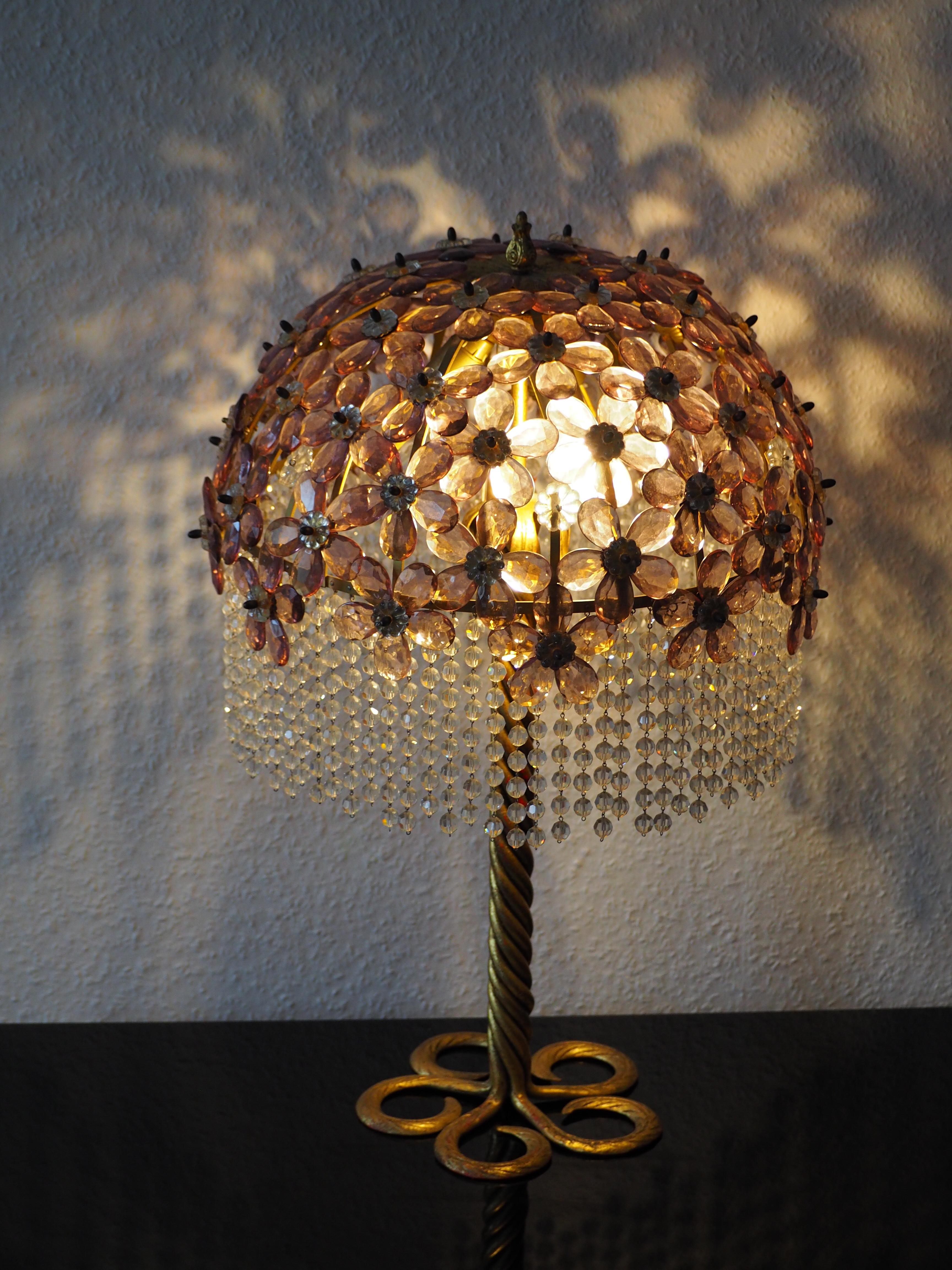 Crystal Large Amethyst Table Lamp, Gilt Iron and Glass, Italy, circa 1970s For Sale