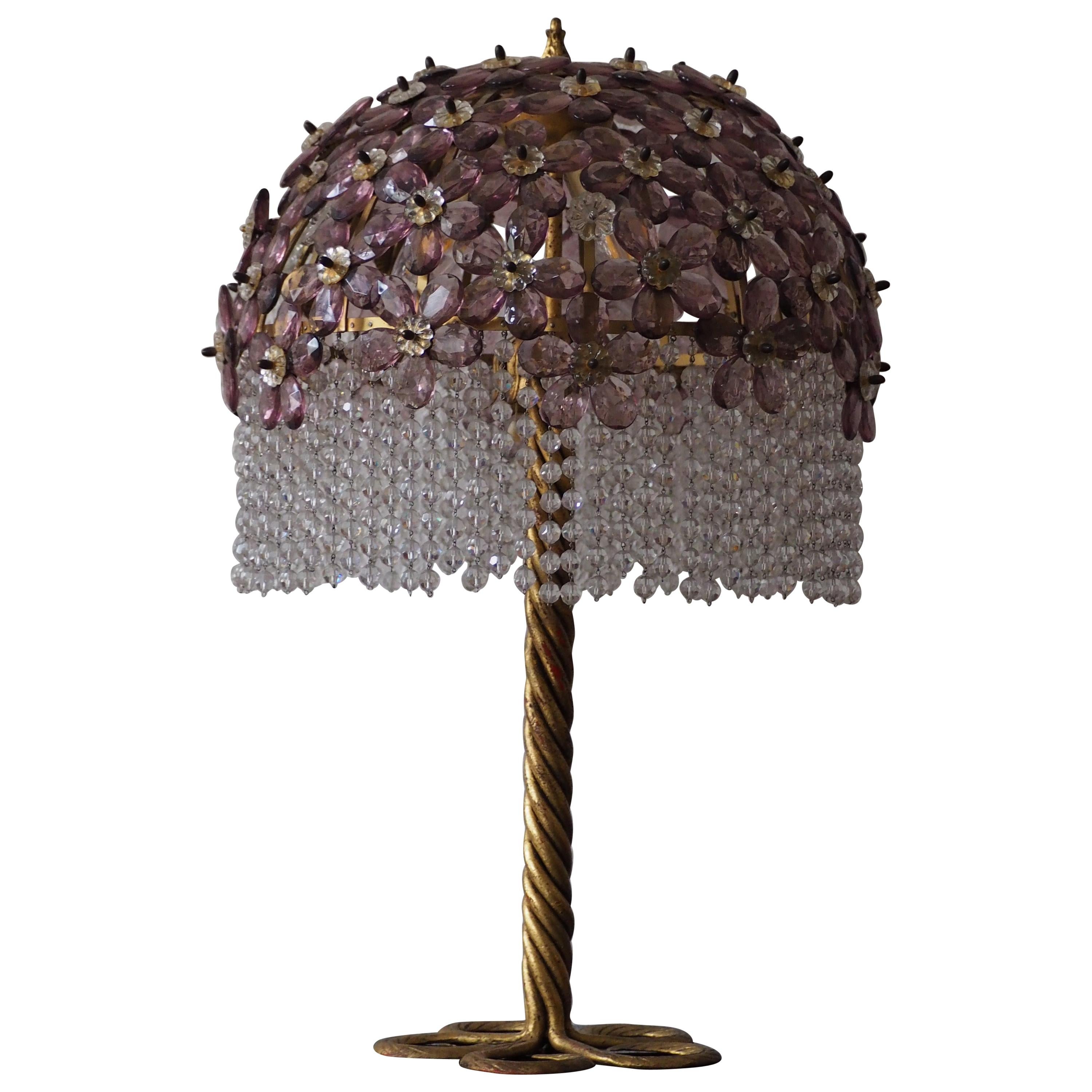 Large Amethyst Table Lamp, Gilt Iron and Glass, Italy, circa 1970s For Sale
