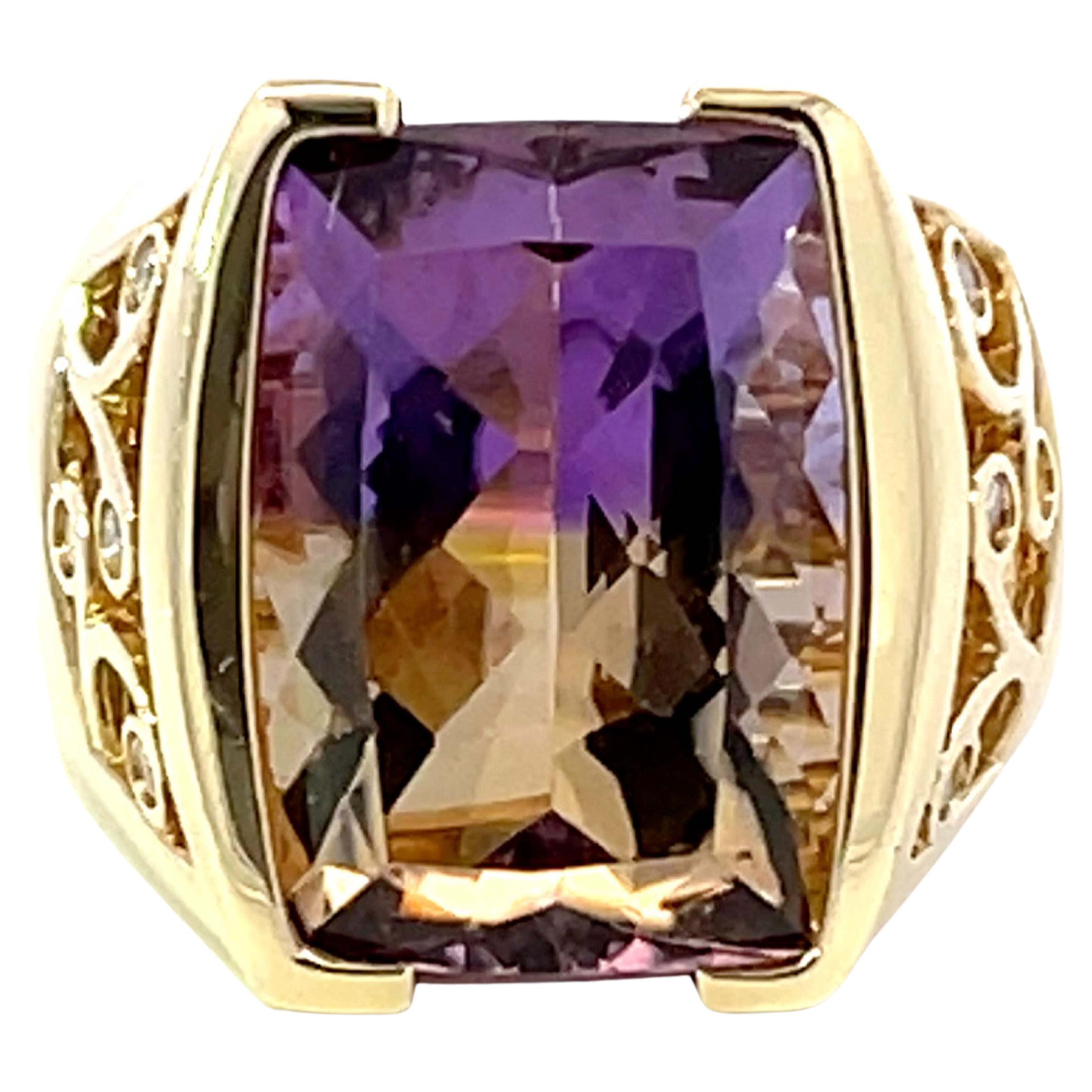 Large Ametrine and Diamond Ring in 14k Yellow Gold For Sale