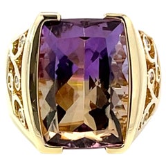 Vintage Large Ametrine and Diamond Ring in 14k Yellow Gold