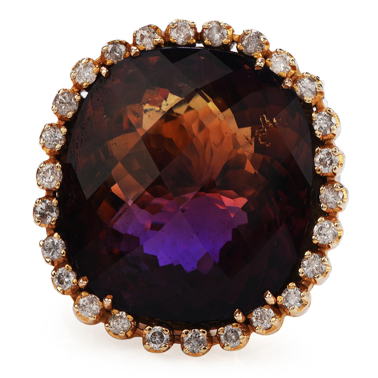 Hand Crafted in solid 18K Yellow Gold, this extravagant ring consists of a cushion-cut 51.59 carat Ametrine ( combination of amethyst and citrine), surrounded by 42 round-cut diamonds, H-I color, SI clarity (no black inclusions) for a cumulative