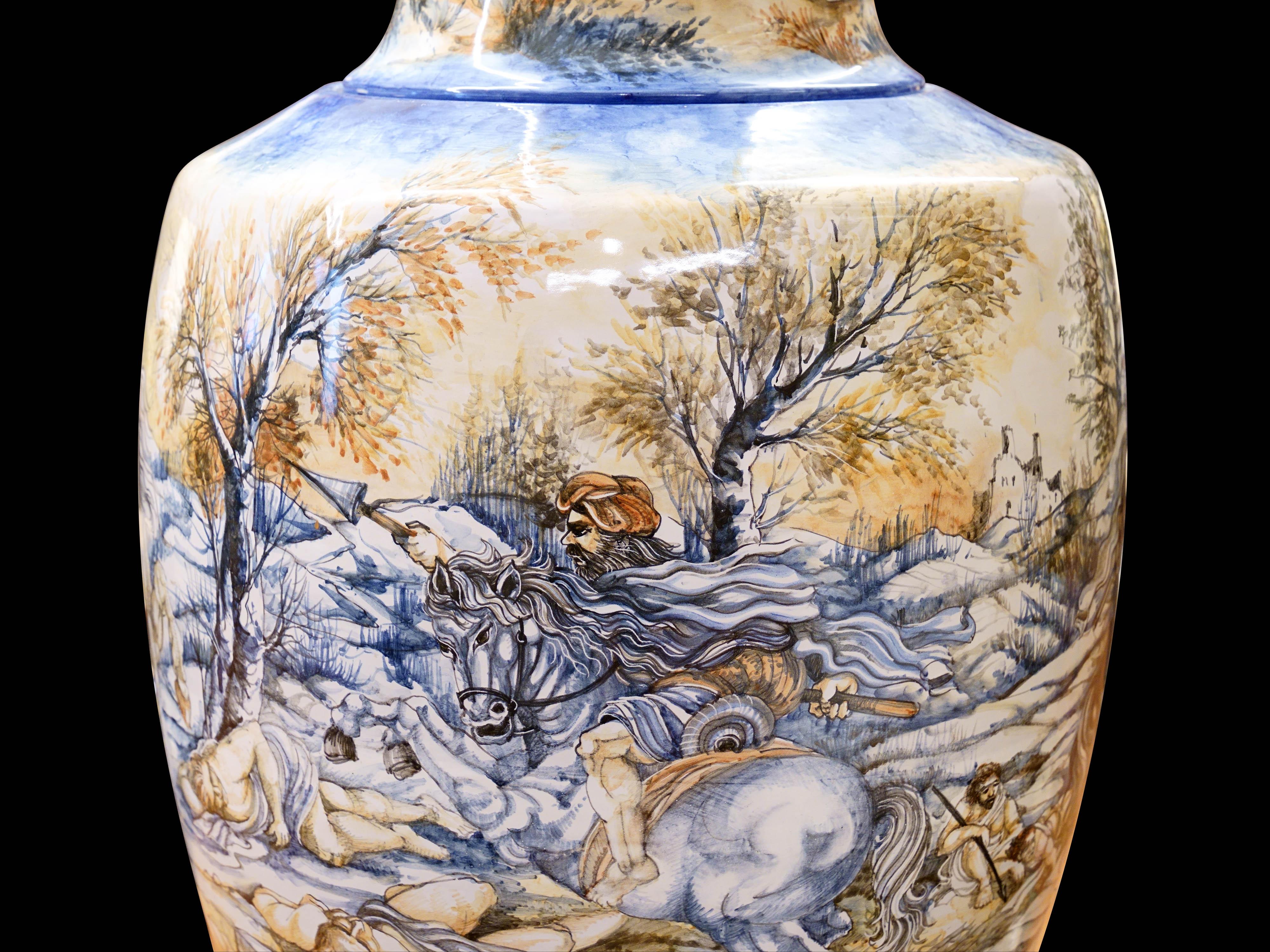 Large Amphora Vase Majolica Figurative Subject Crocodile Hunt Rubens Policrome For Sale 4