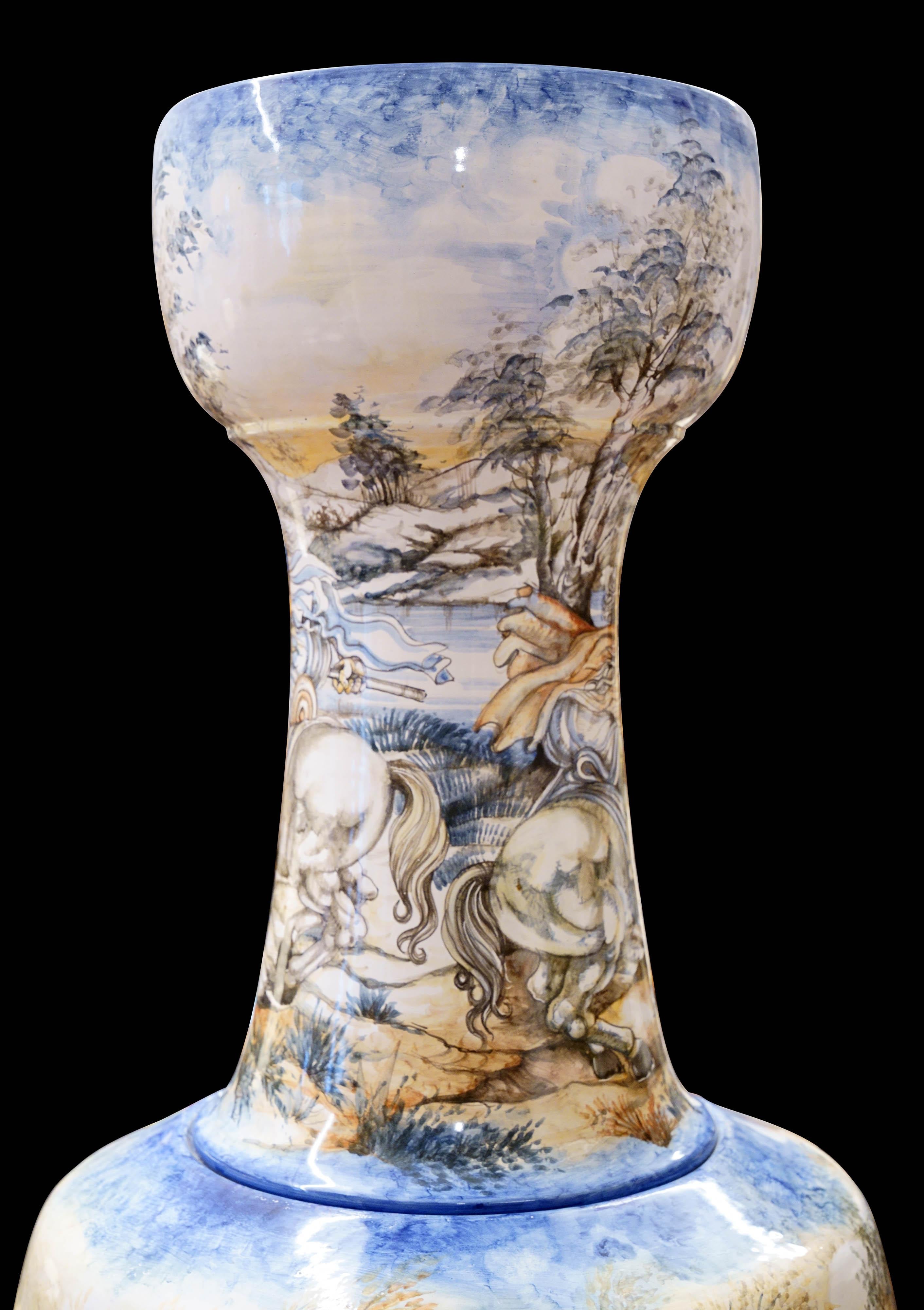 Large Amphora Vase Majolica Figurative Subject Crocodile Hunt Rubens Policrome For Sale 5