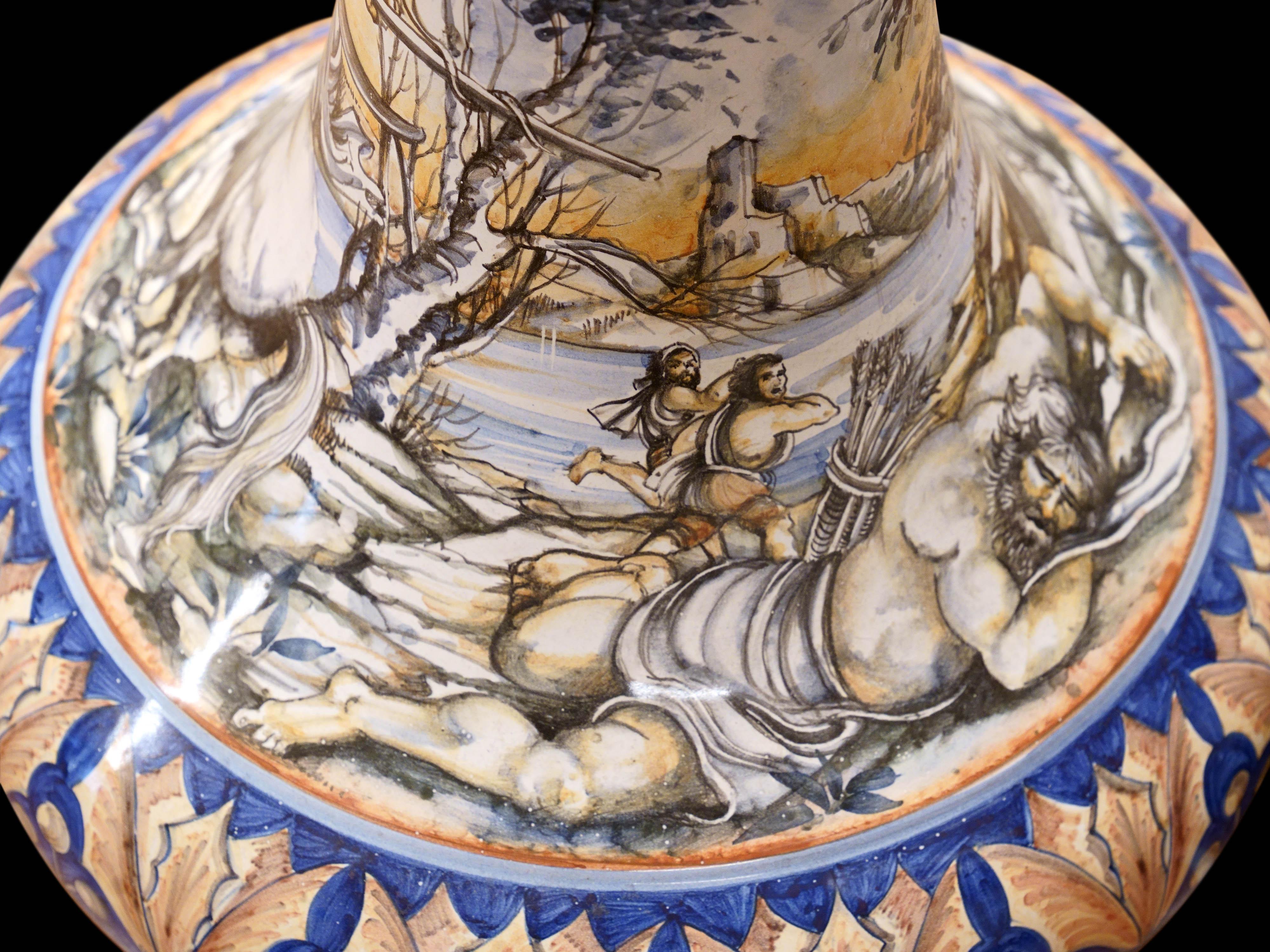 Large Amphora Vase Majolica Figurative Subject Crocodile Hunt Rubens Policrome For Sale 6