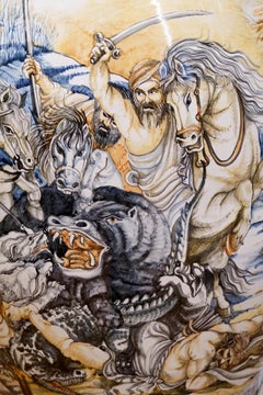 Large Amphora Vase Majolica Figurative Subject Crocodile Hunt Rubens Policrome