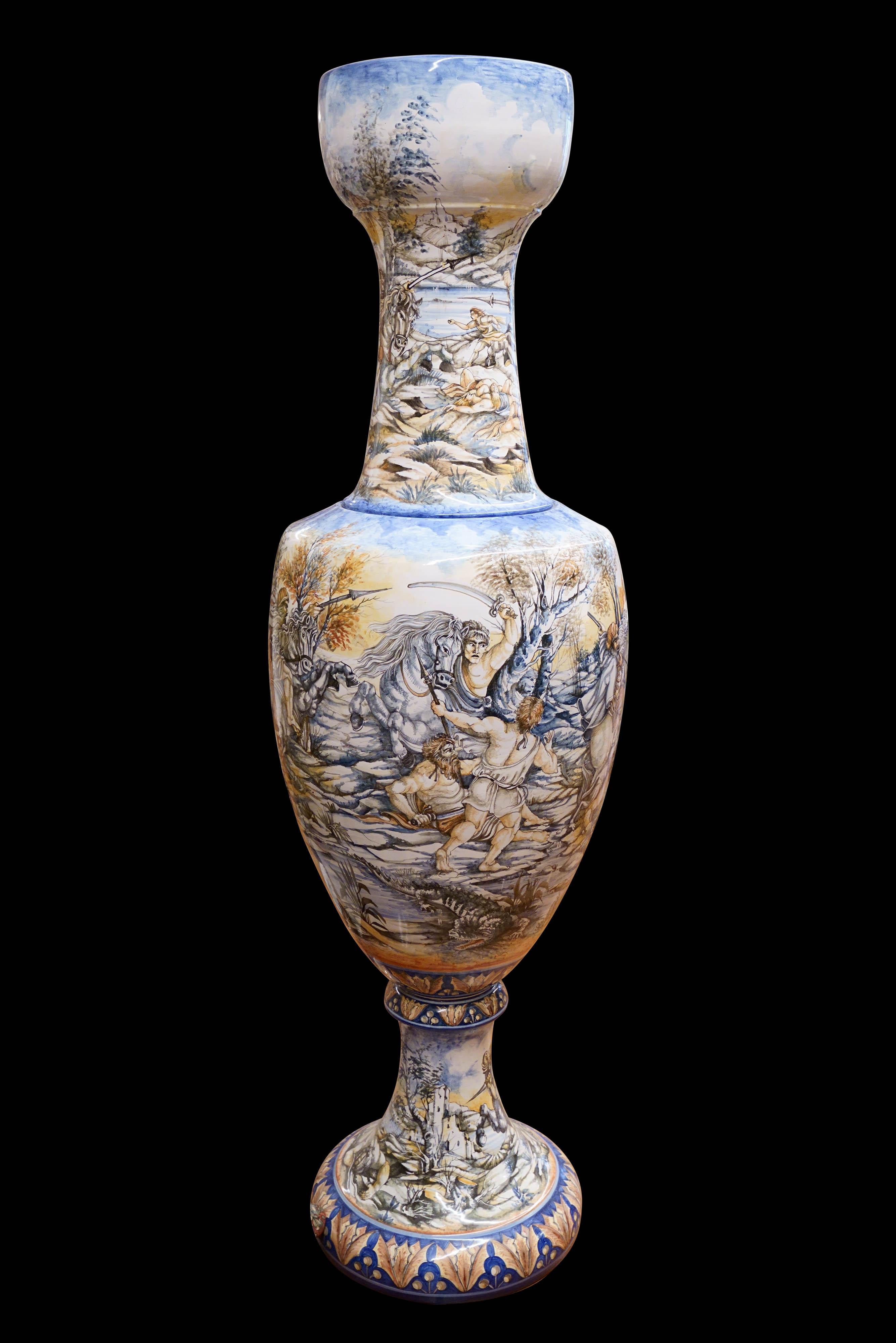 Baroque Large Amphora Vase Majolica Figurative Subject Crocodile Hunt Rubens Policrome For Sale