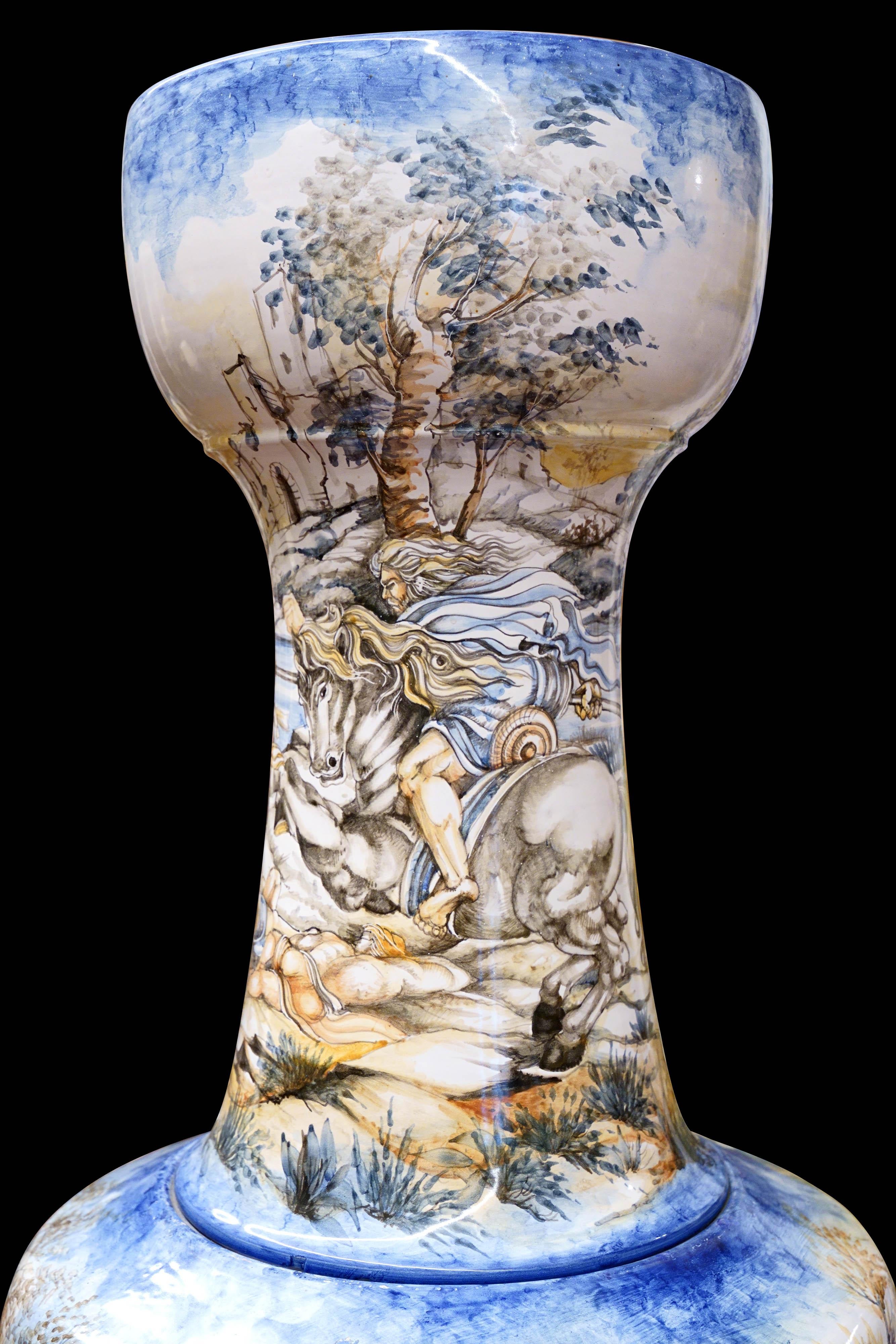 Hand-Crafted Large Amphora Vase Majolica Figurative Subject Crocodile Hunt Rubens Policrome For Sale