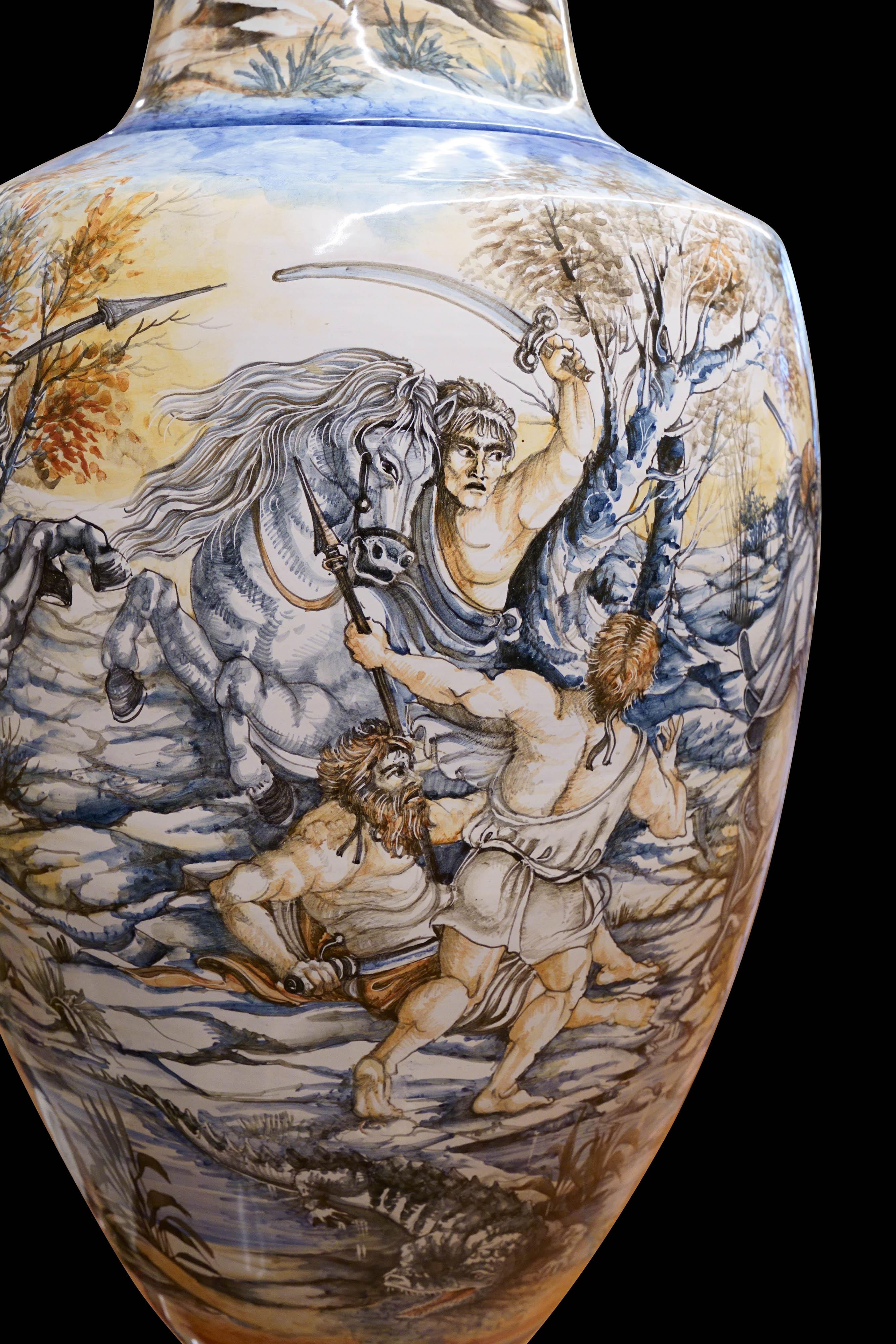 Ceramic Large Amphora Vase Majolica Figurative Subject Crocodile Hunt Rubens Policrome For Sale