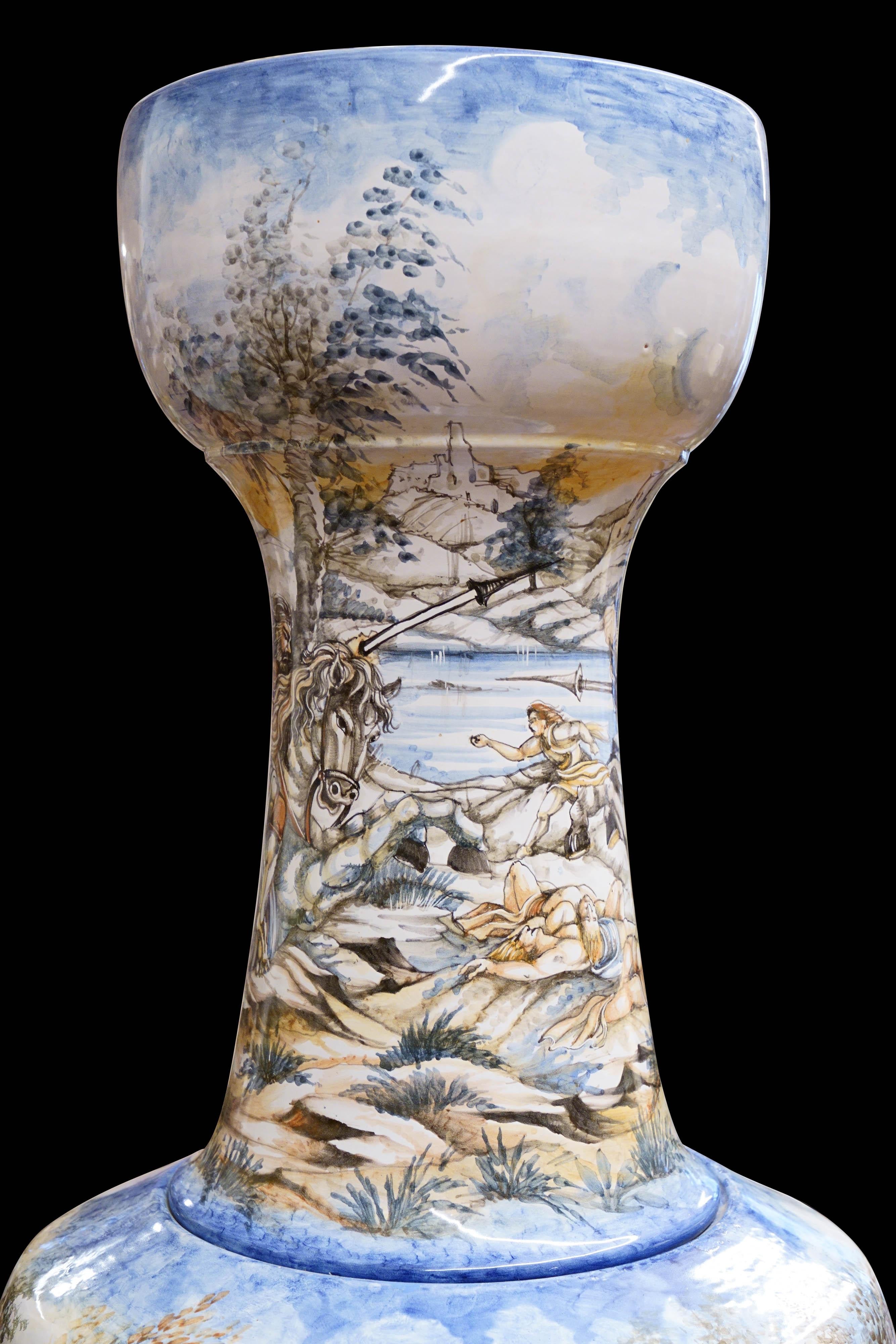 Large Amphora Vase Majolica Figurative Subject Crocodile Hunt Rubens Policrome For Sale 1